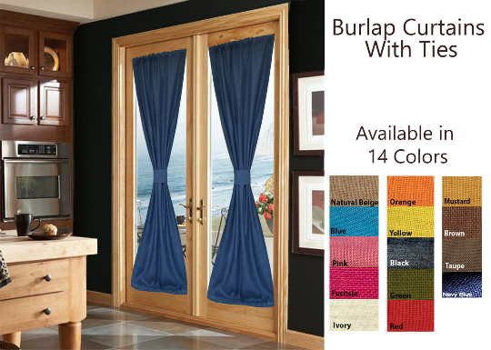 Burlap curtains and drapes with ties.