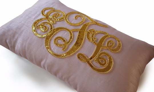 Handmade silk throw pillow with gold sequin and custom monogram