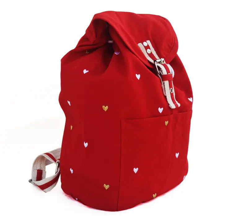 Red Bag Embroidered With Gold and White Hearts For Girls