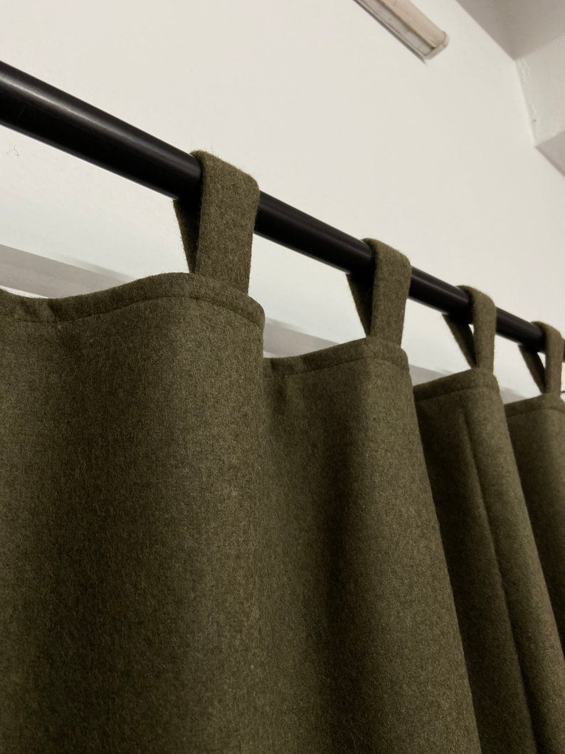 Amore Beaute Olive Green Double Layer Wool Curtains with fabric tabs