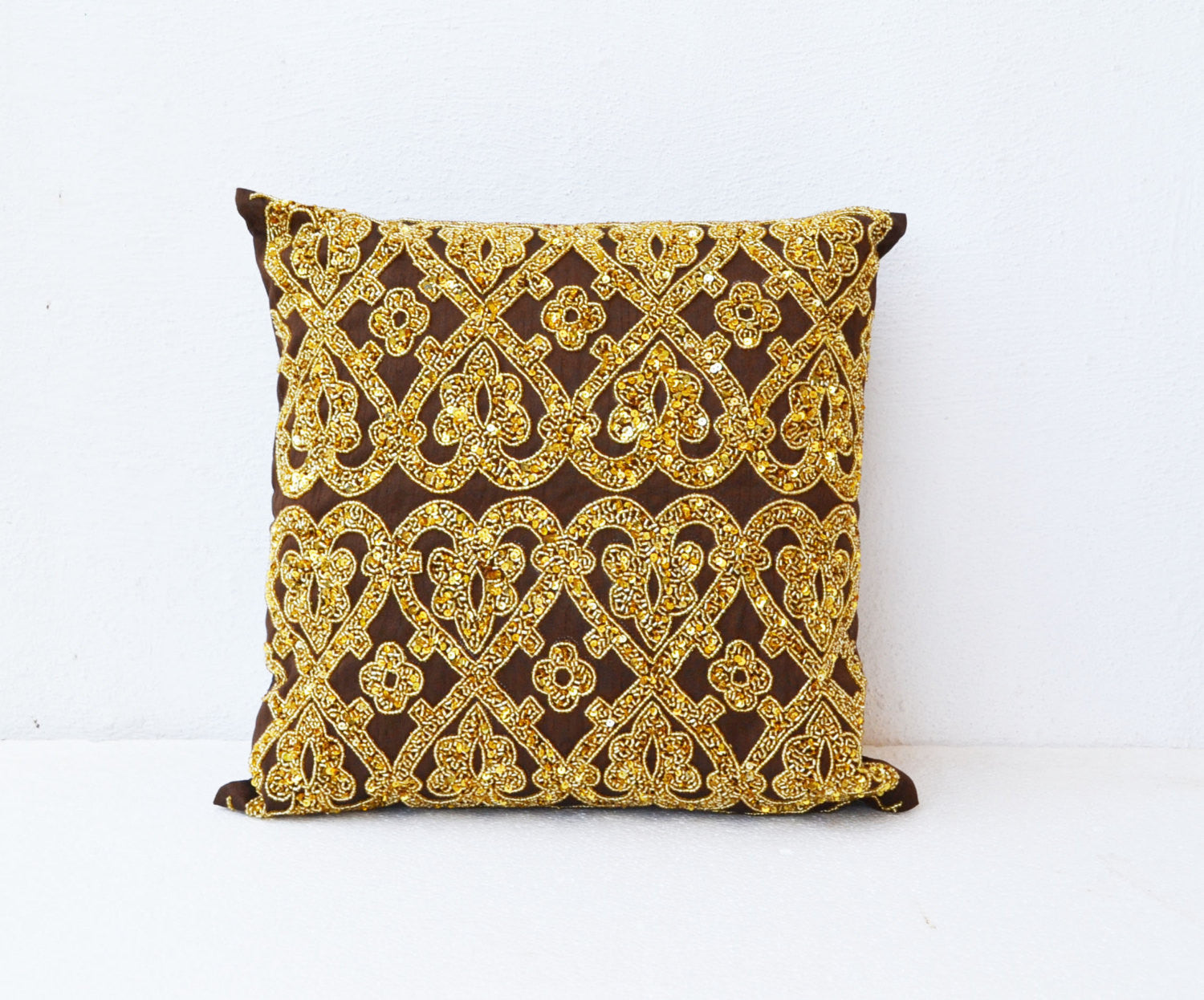 Handmade brown gold silk throw pillow with glitter