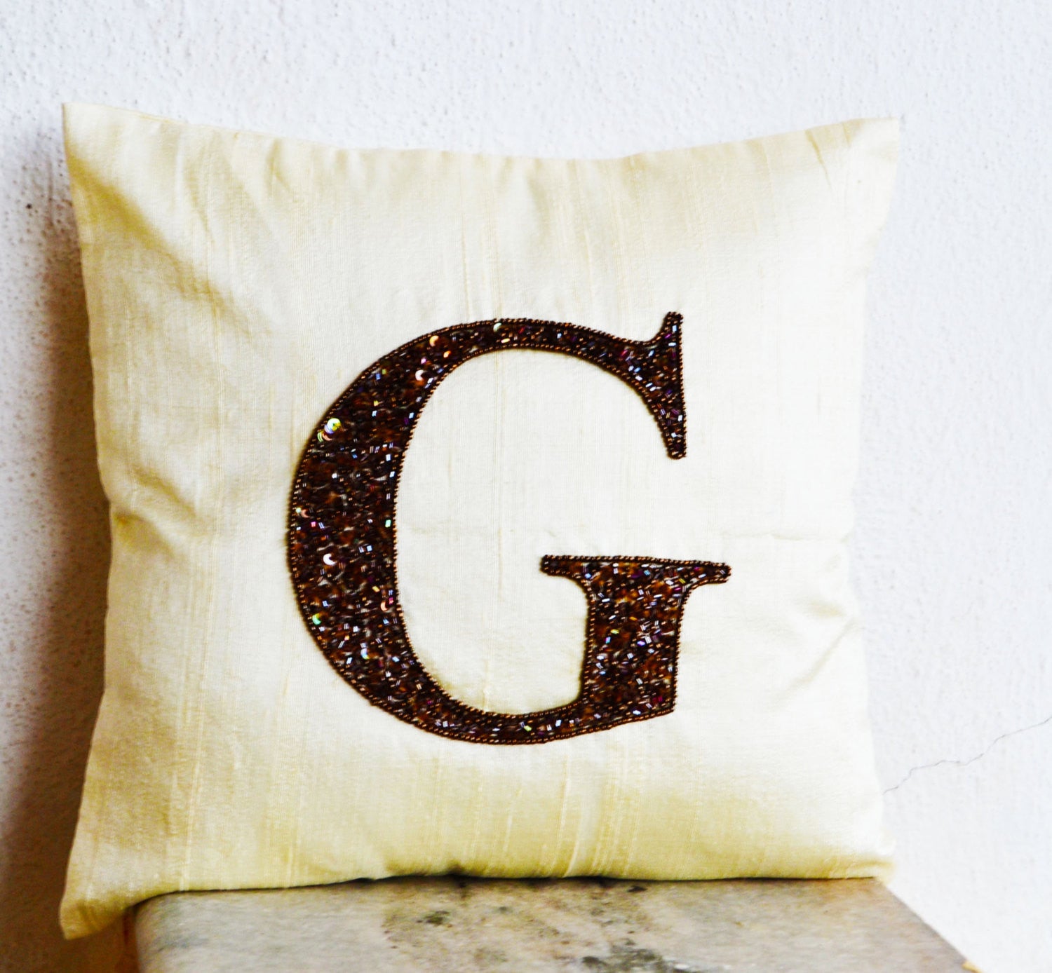 Buy handmade silk throw pillow cover with bronze sequin and monogram