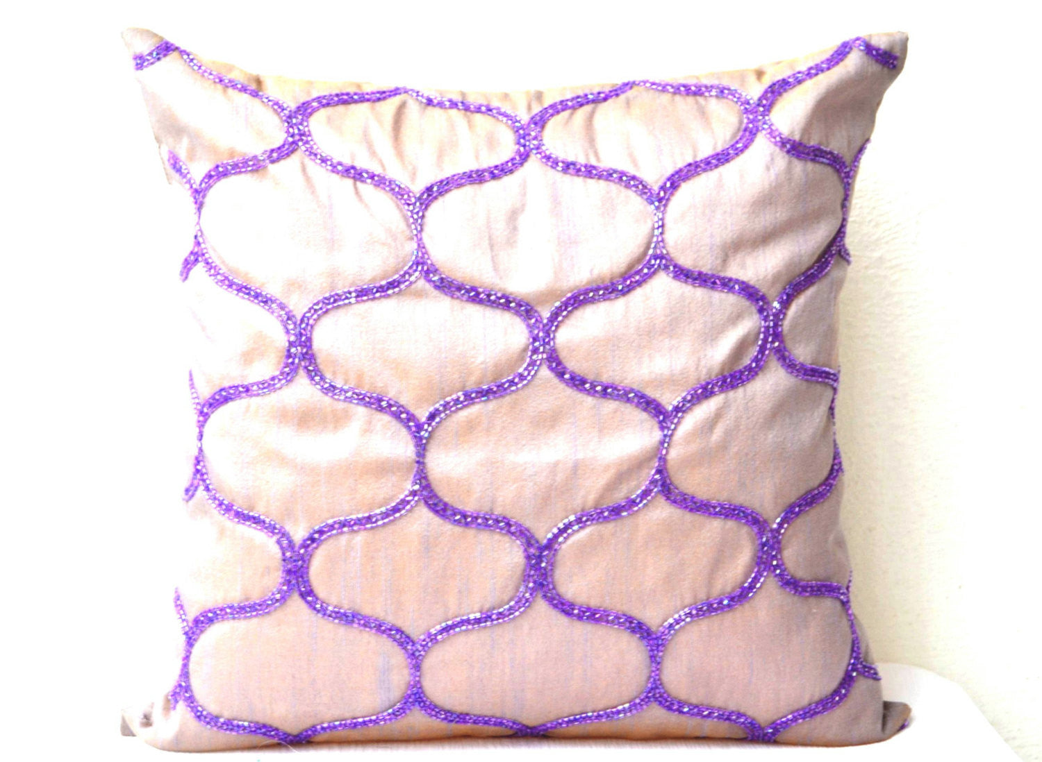Sashiko Fishing Net Beaded Geometric Purple Silk Pillow Cover Faux Silk Cushion