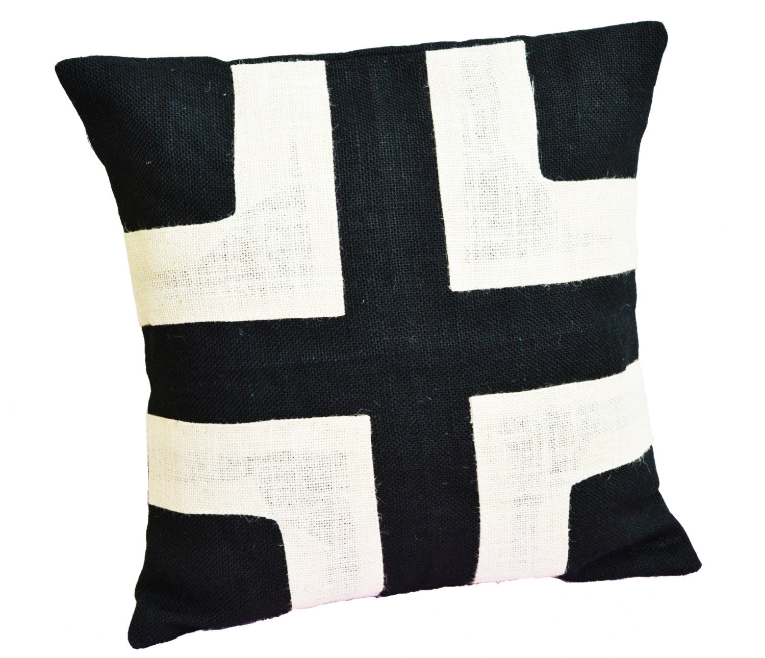 Amore Beaute Throw pillow in black burlap with bold cream burlap applique pattern.