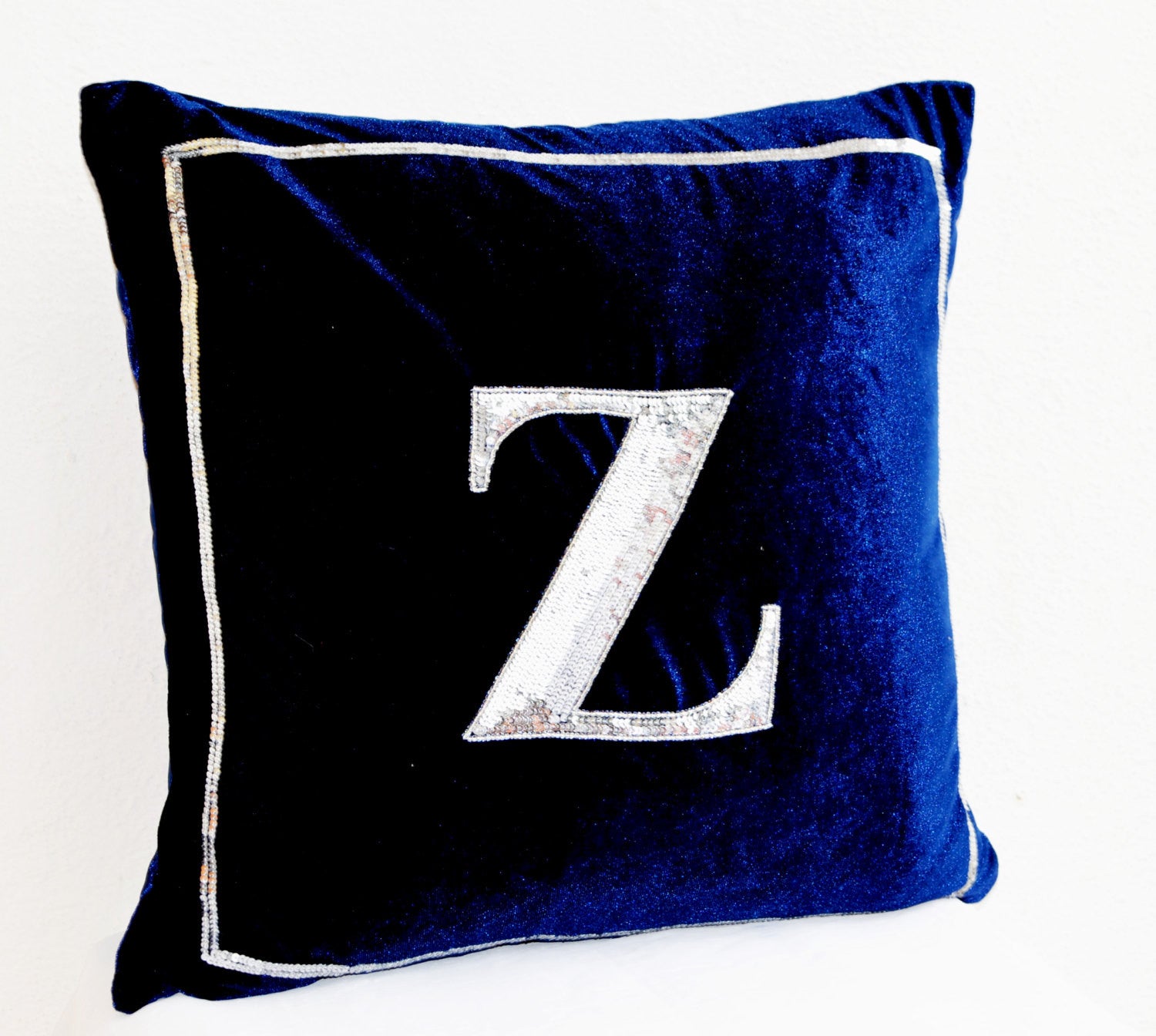 Handmade navy blue pillow with silver sequin and monogram