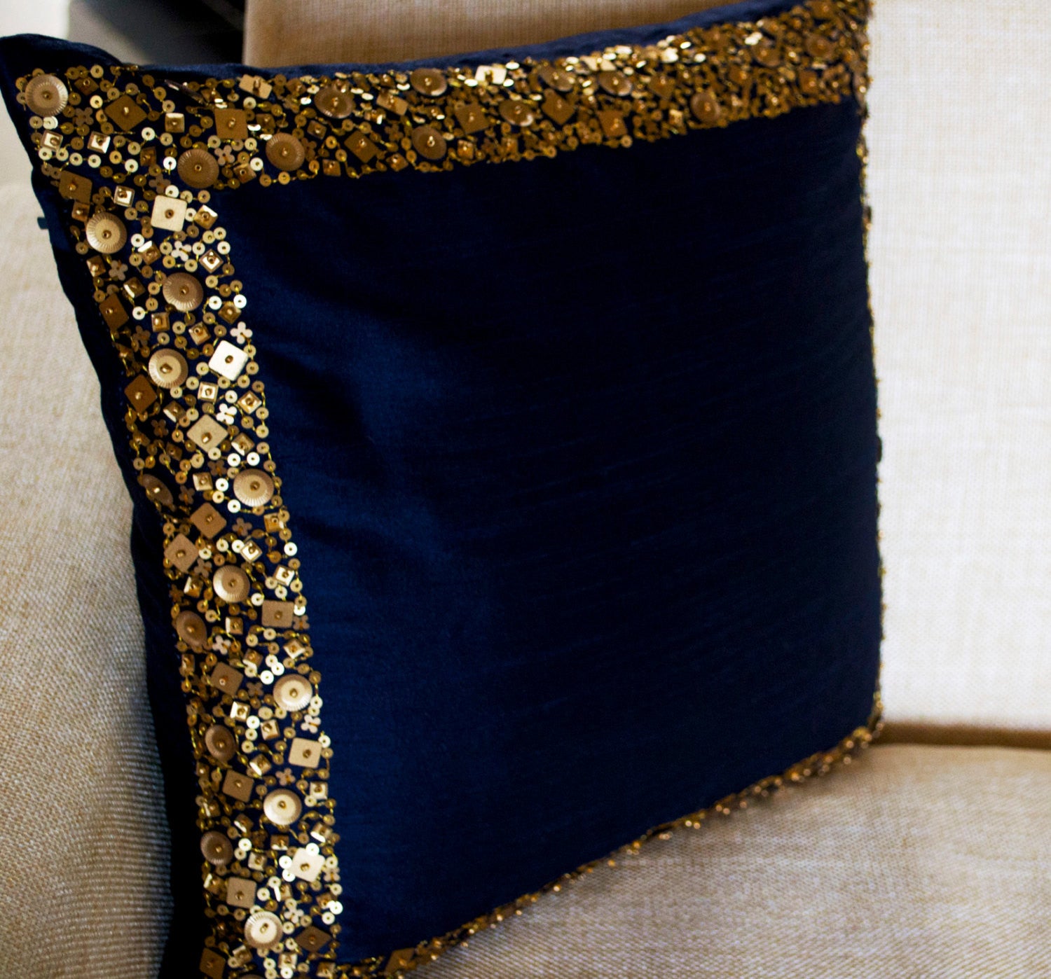 Throw Pillows Navy Blue cushion with gold sequin boarder sequin bead pillow 16X16 Navy blue pillow cover gift pillow Wedding