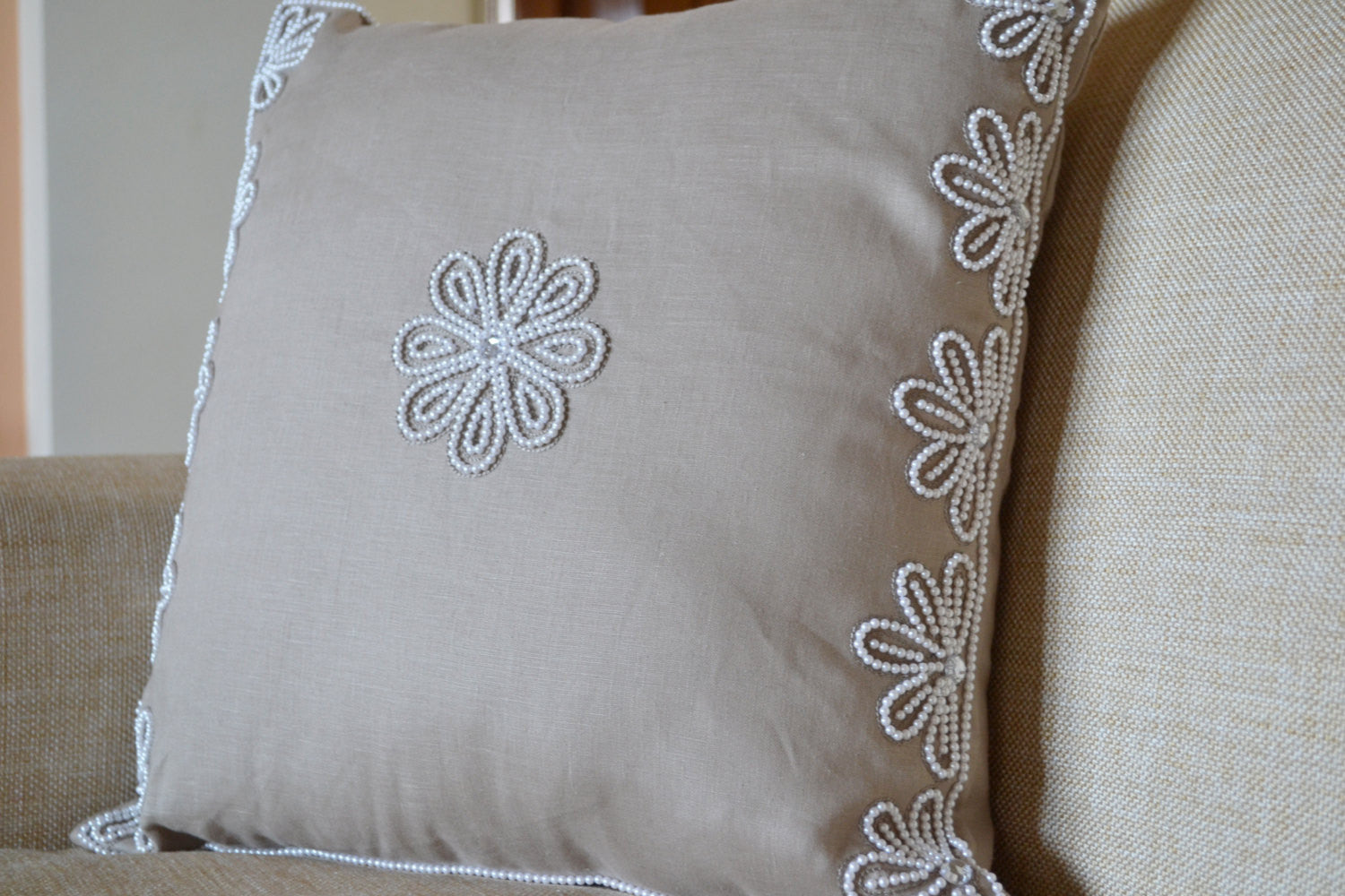 Handmade Grey Floral Printed Cushion Cover With Velvet Trim