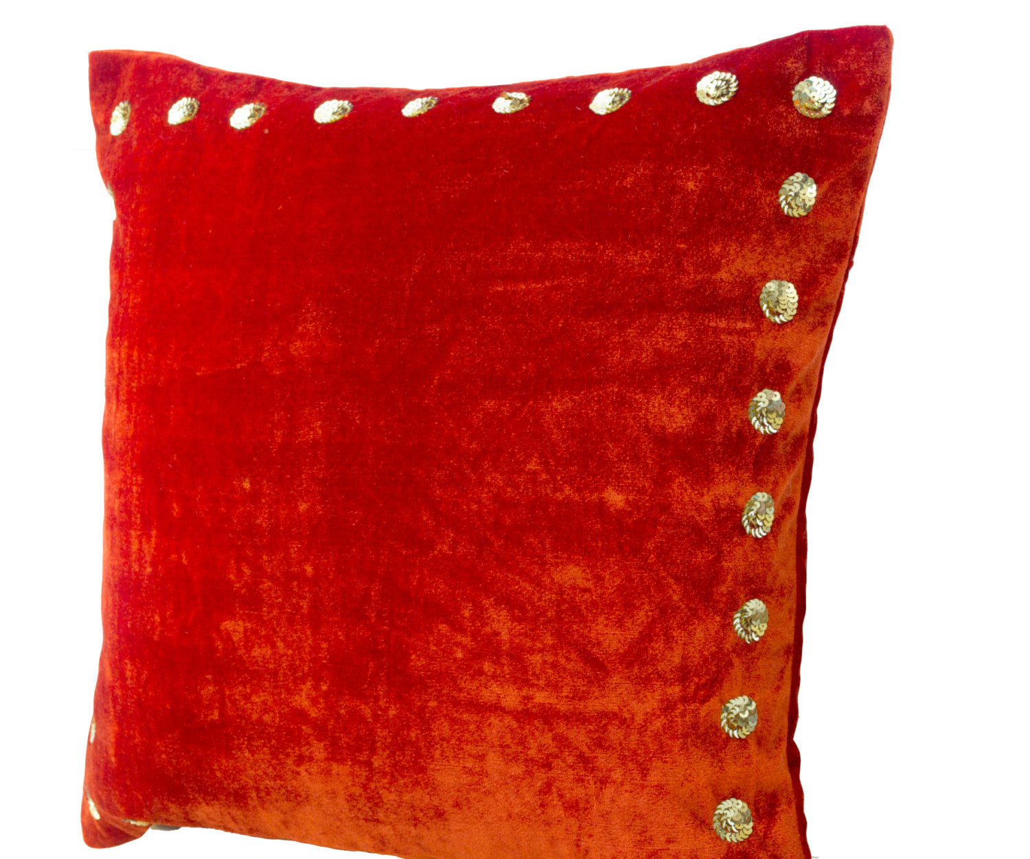 Handmade orange velvet throw pillow with gold sequin