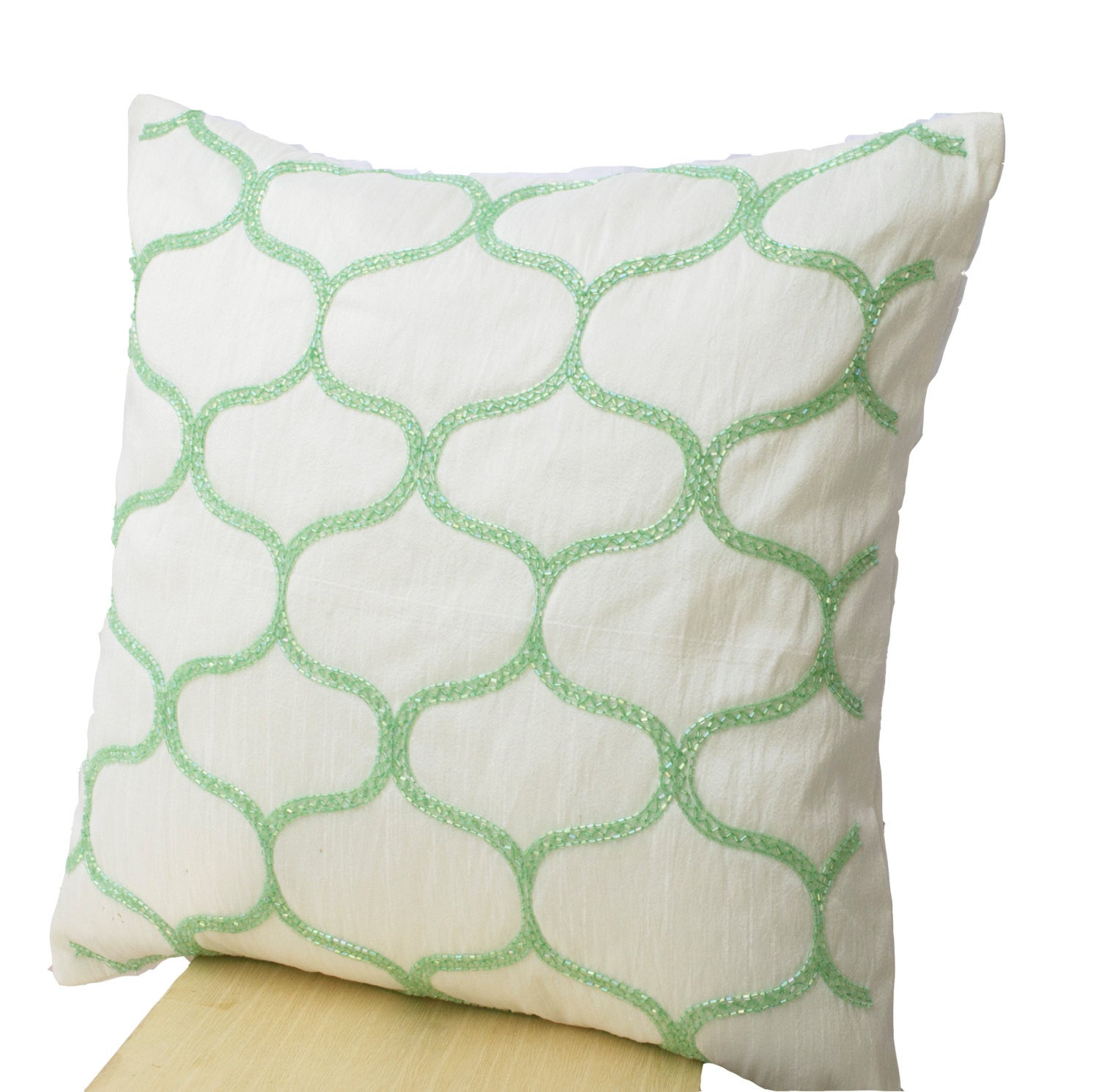 Decorative Pillow In Soft Pastel Green Geometric Pillows Ivory Silk Sashiko Pattern