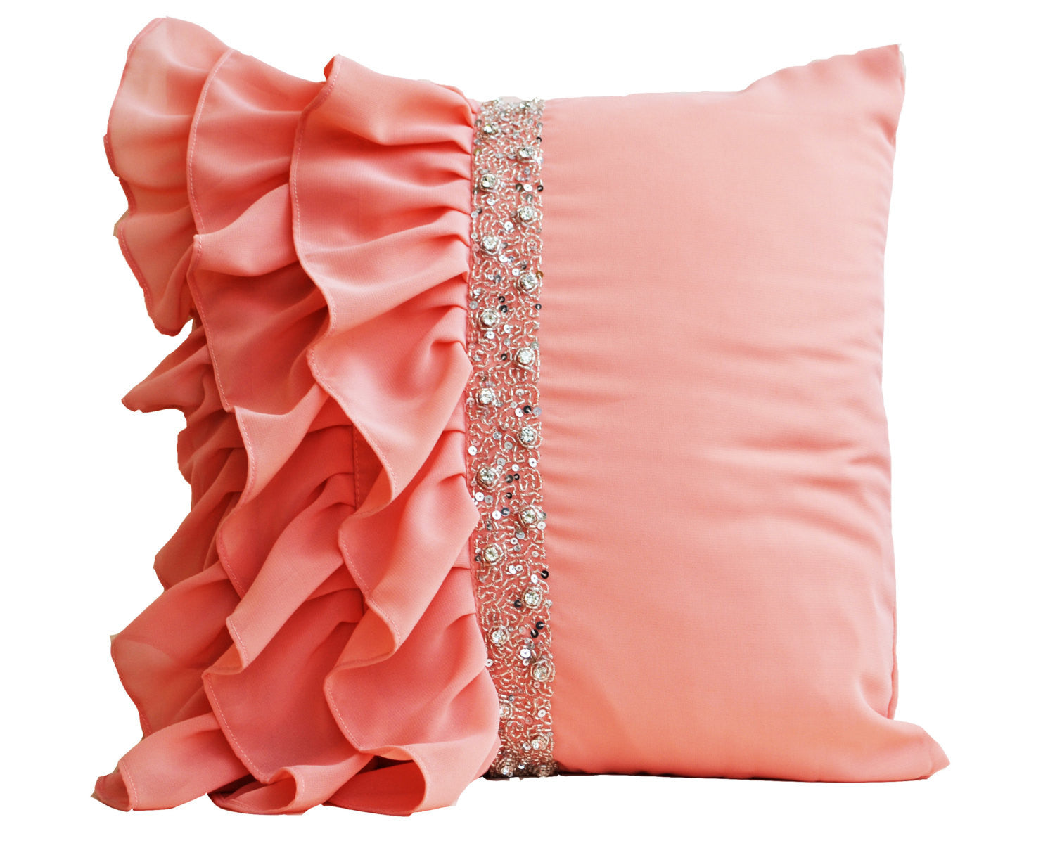 Shop online for handmade peach throw pillow with ruffles and sequin