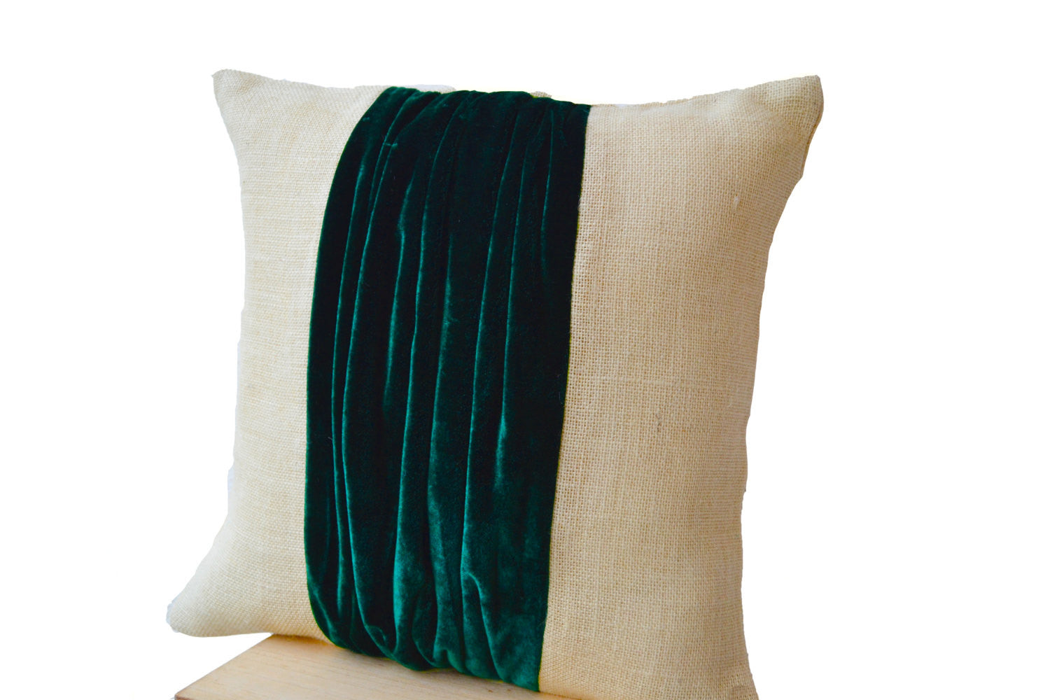 Handmade burlap throw pillow with teal velvet color block