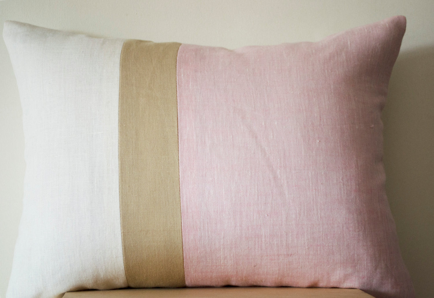 Handmade pink lumbar throw pillow with color block