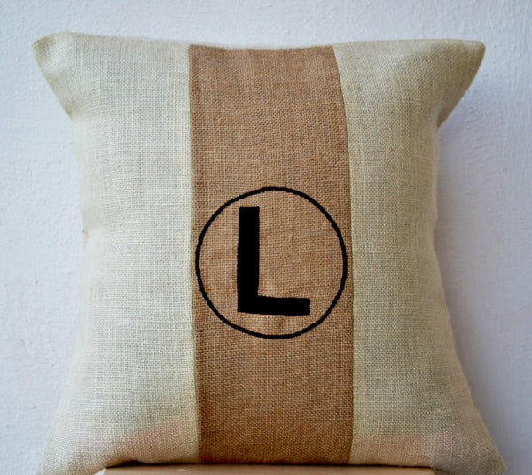 Buy handmade burlap ivory pillow with mint embroidery and monogram