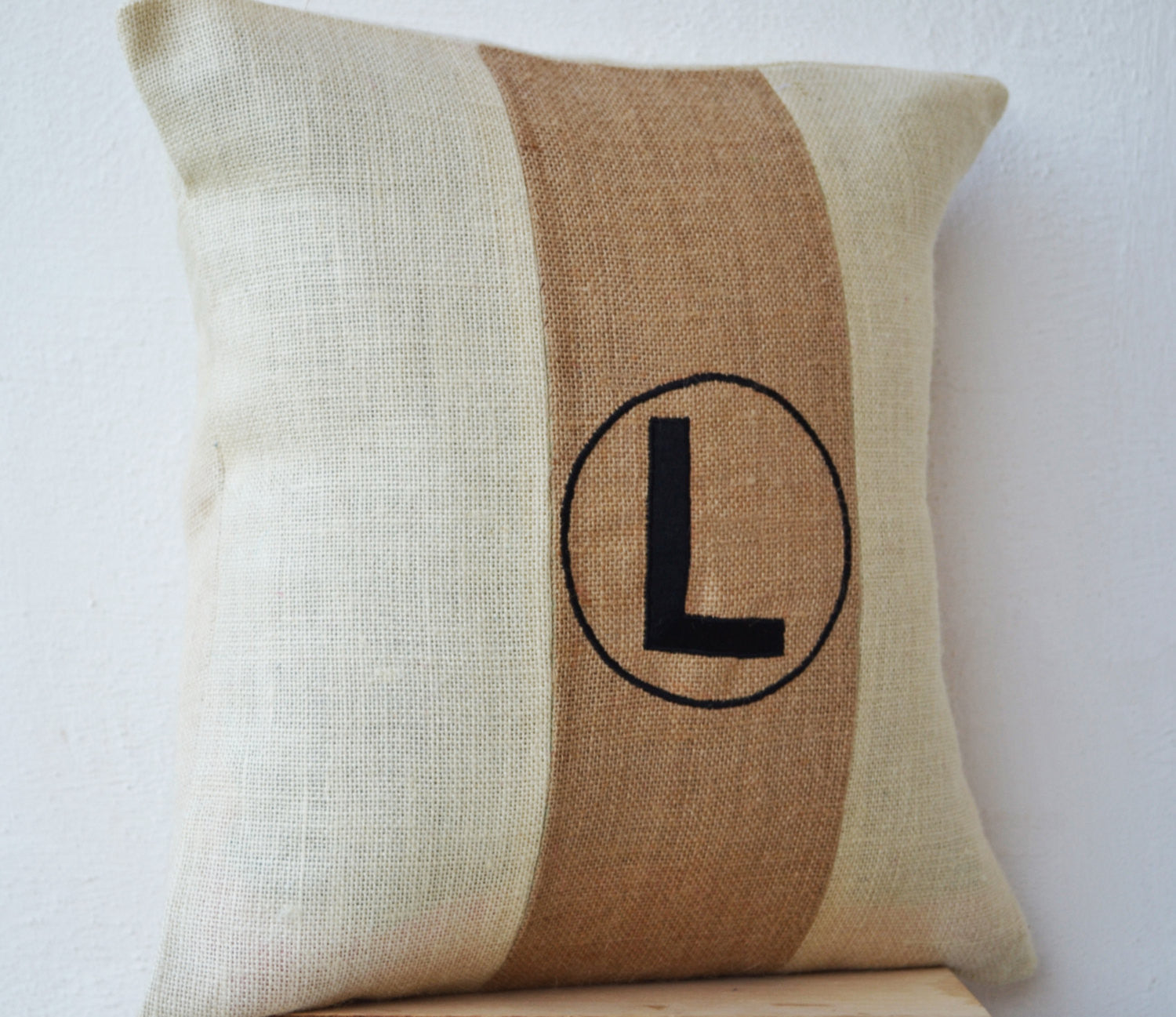 Handmade beige ivory throw pillow with color block and monogram
