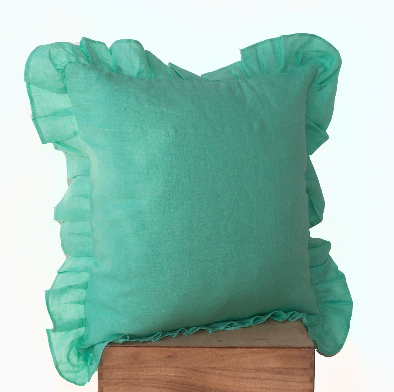 Handmade tiffany blue throw pillows with ruffled edges