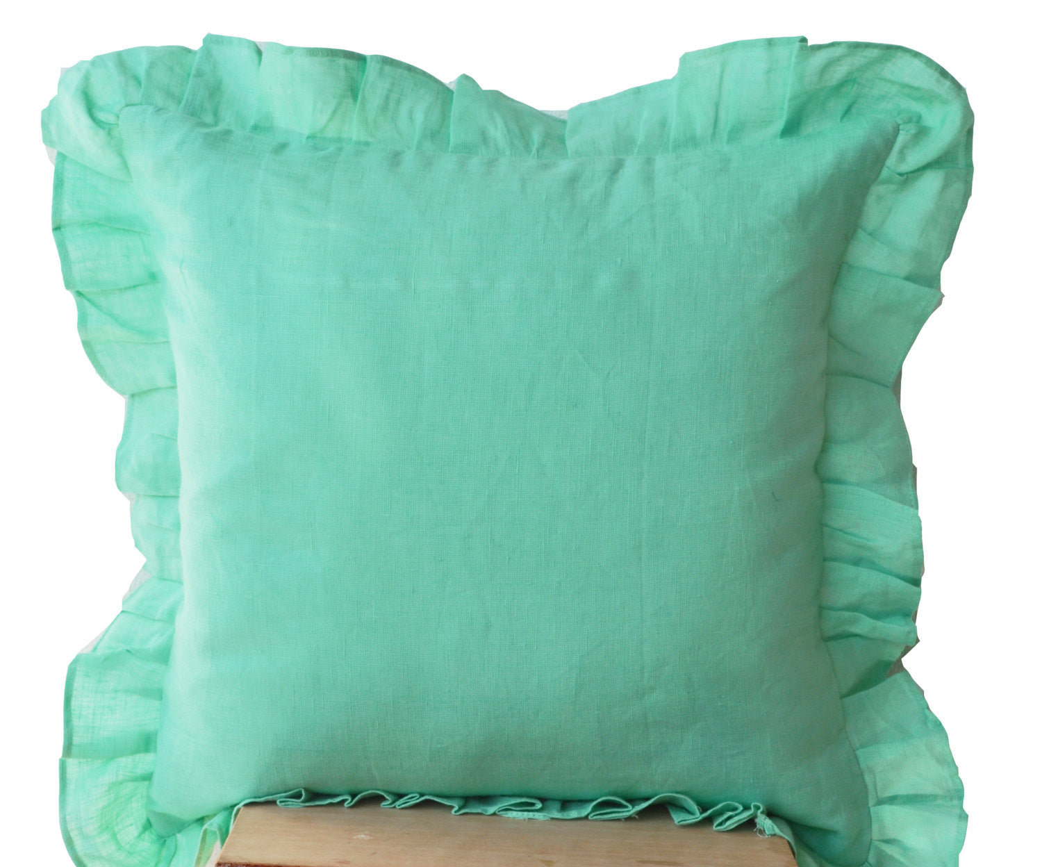 Handmade tiffany blue throw pillows with ruffled edges