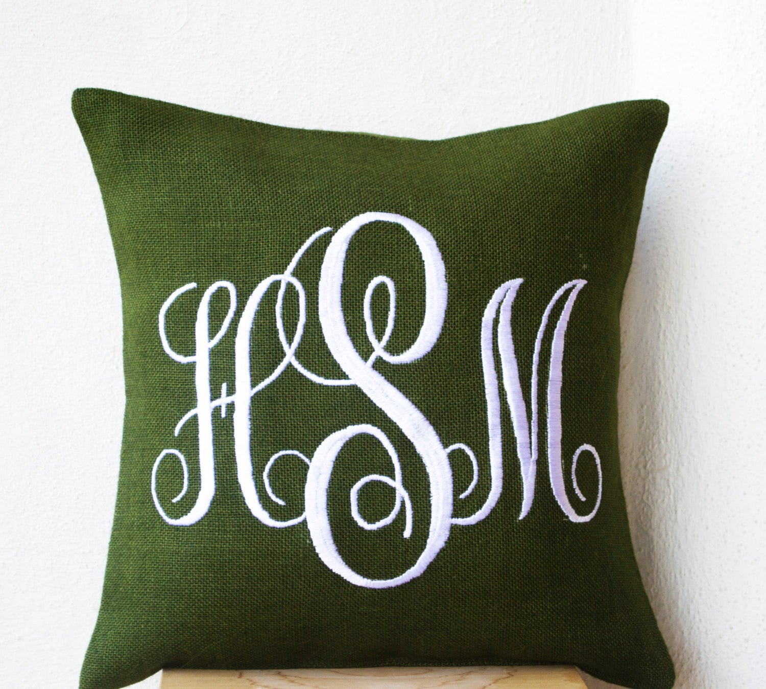 Handmade green burlap pillows with monogram