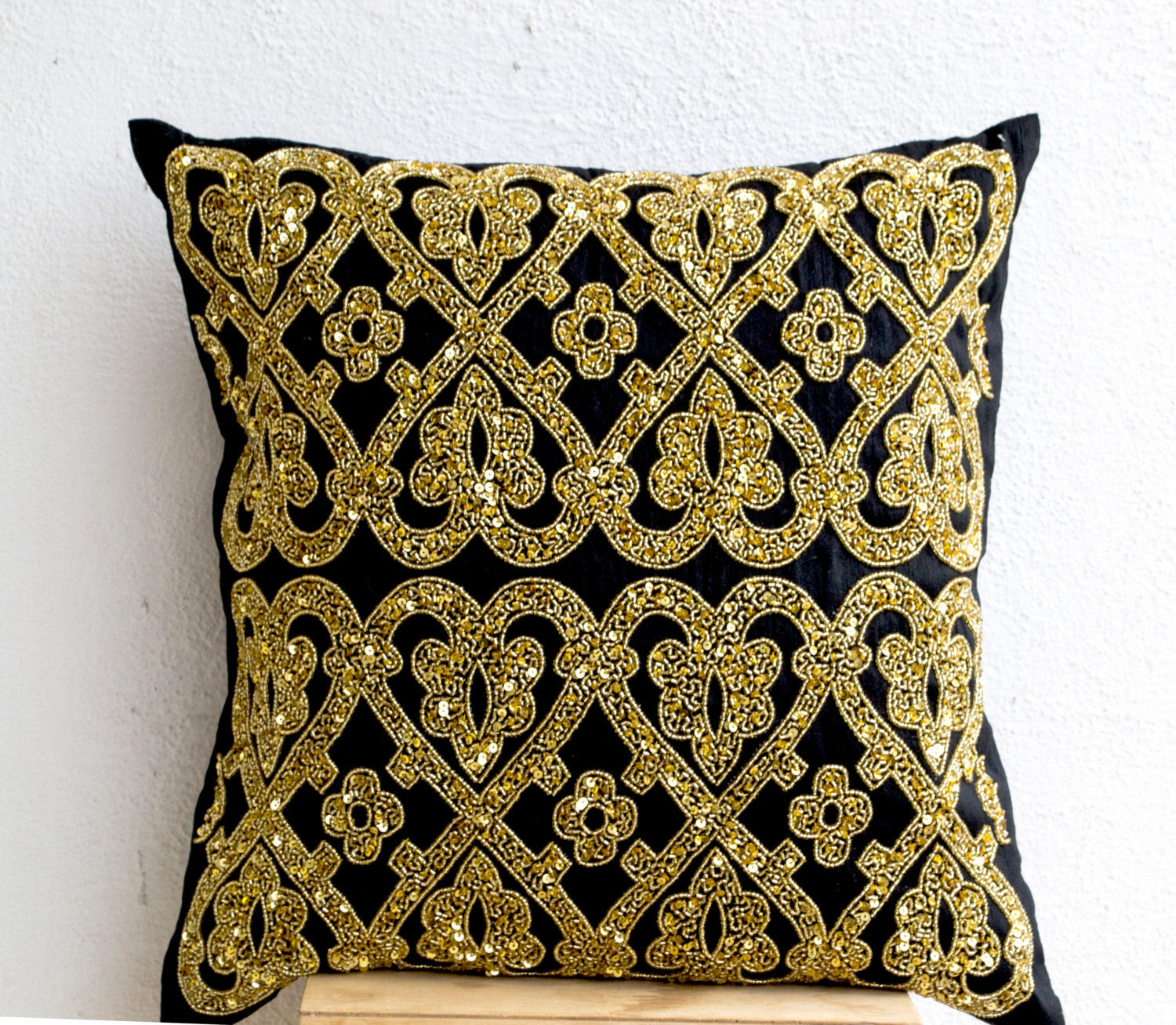 Shiny Gold Pillow Cover With Regal Geometric Metallic Glitter Pattern For Holiday Decor