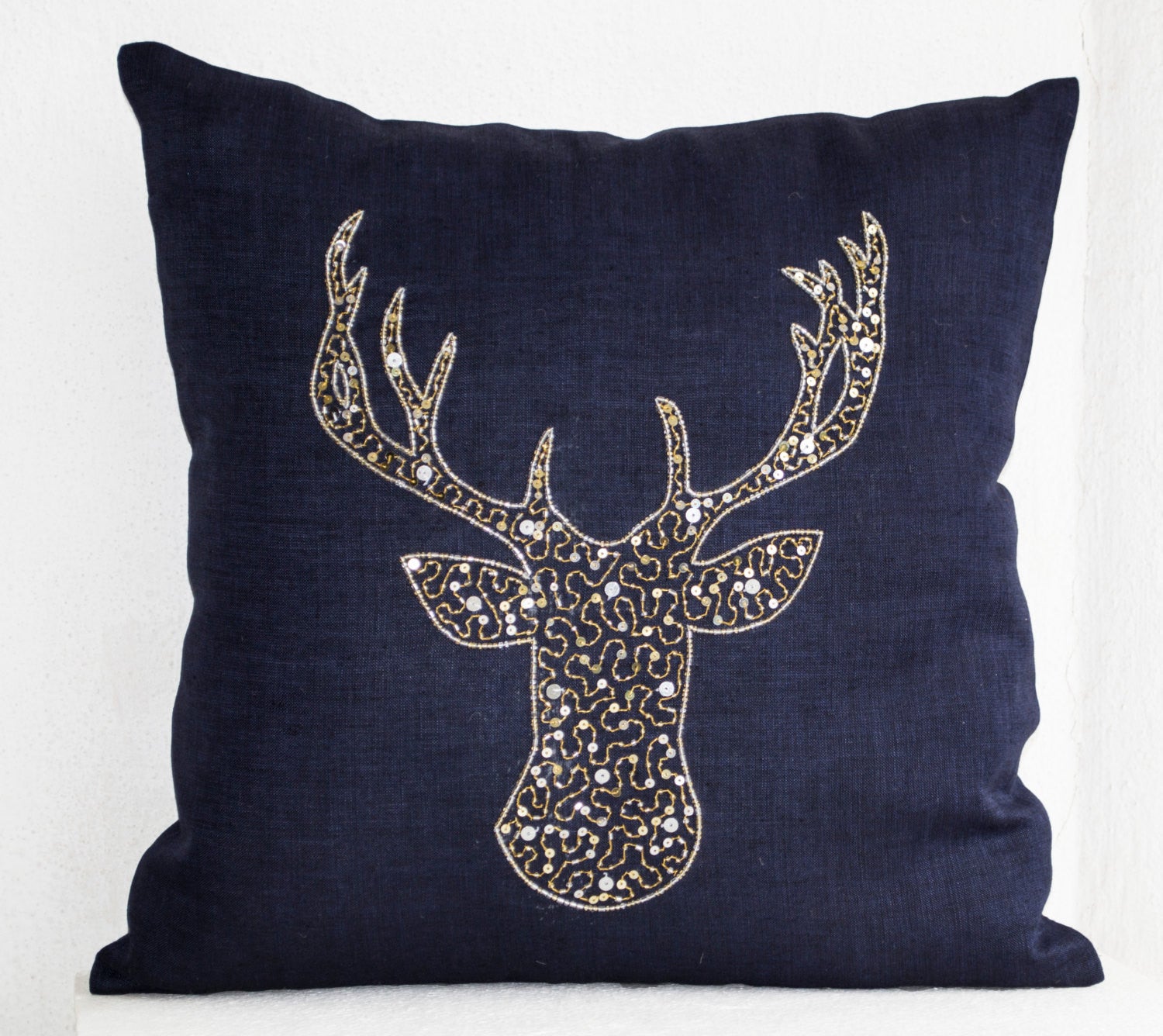 Deer Pillow with Gold Silver Sequins in Linen