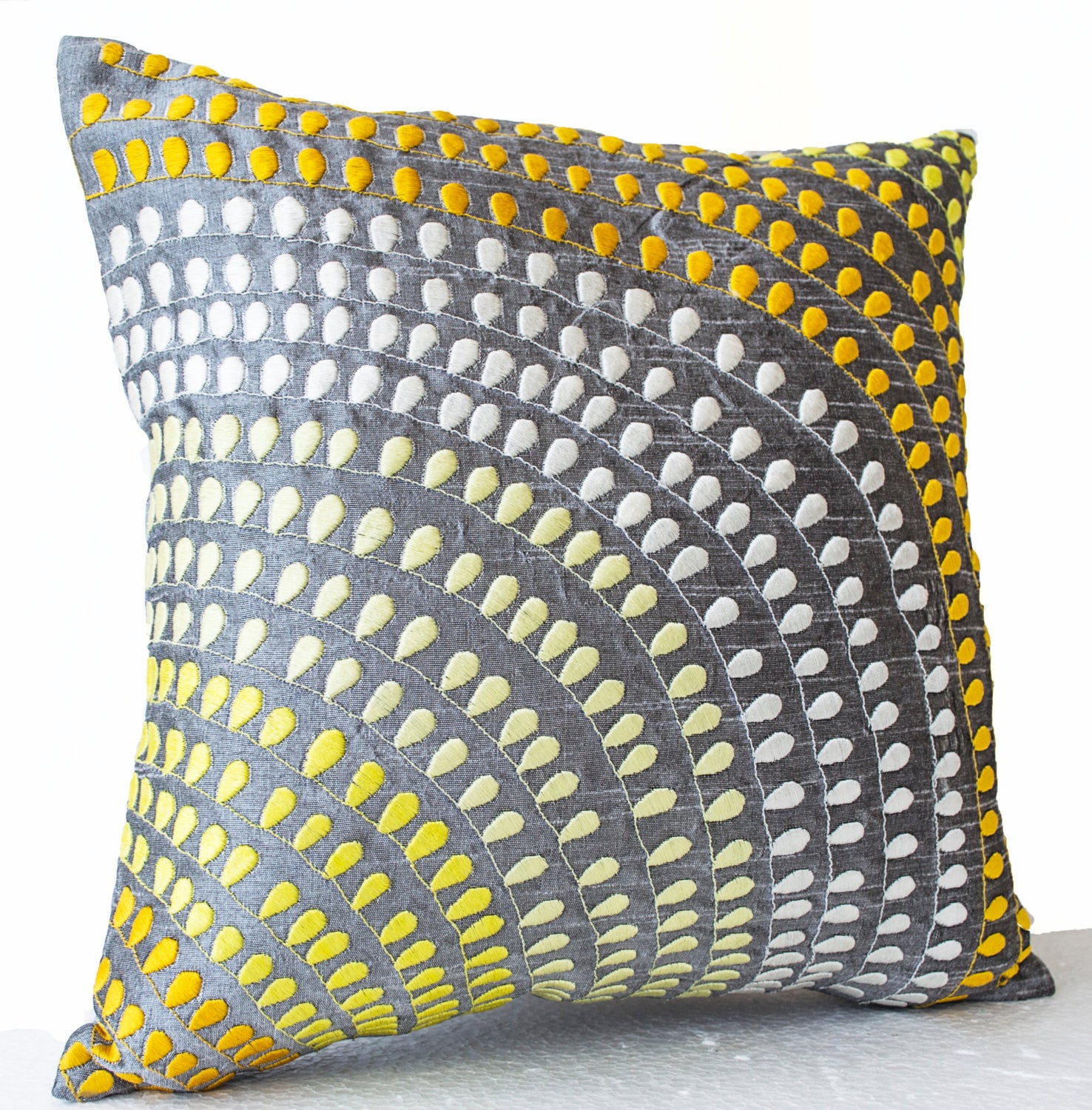 Silk Pillow covers Grey silk with yellow white embroidered loops Grey yellow pillows Chair pillow Gift 16x16 wedding celebrations