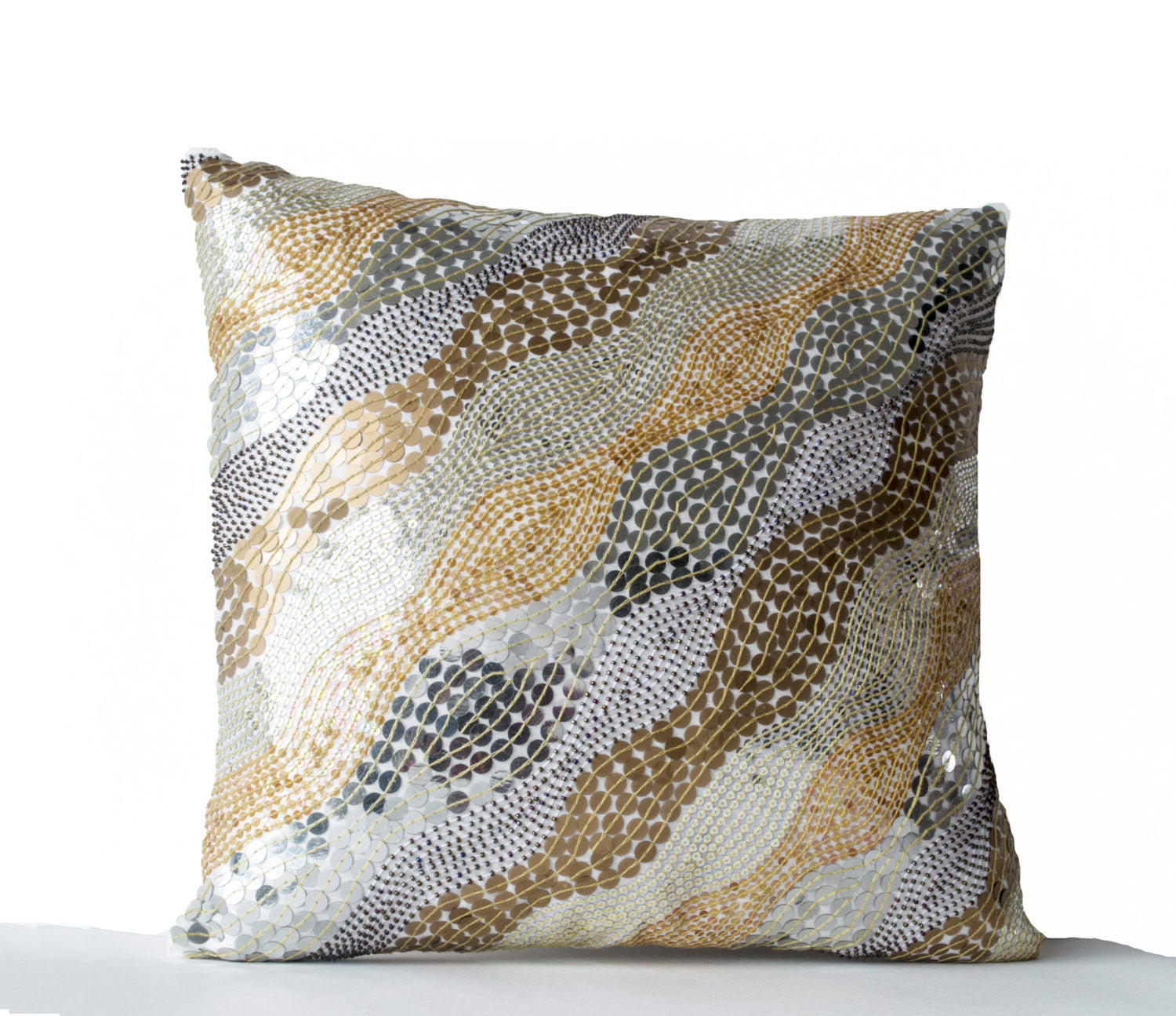 Handmade white silk accent pillow with embroidery and sequin