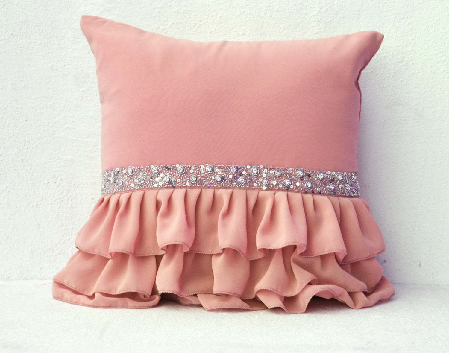  Handmade beige pillow with ruffles with crystal on georgette, girls dorm décor
