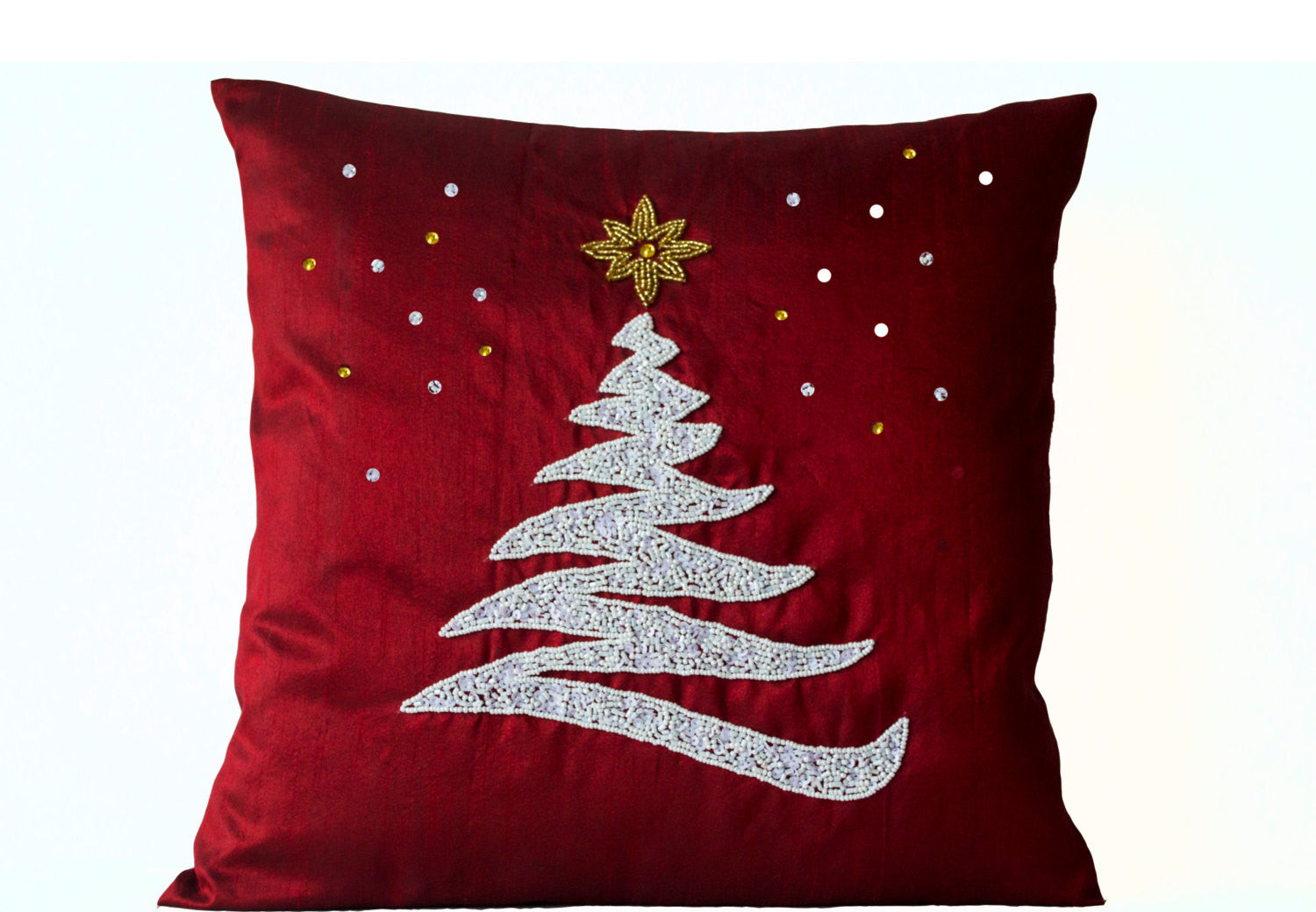 Shop silk Christmas pillow covers with white tree and gold star design