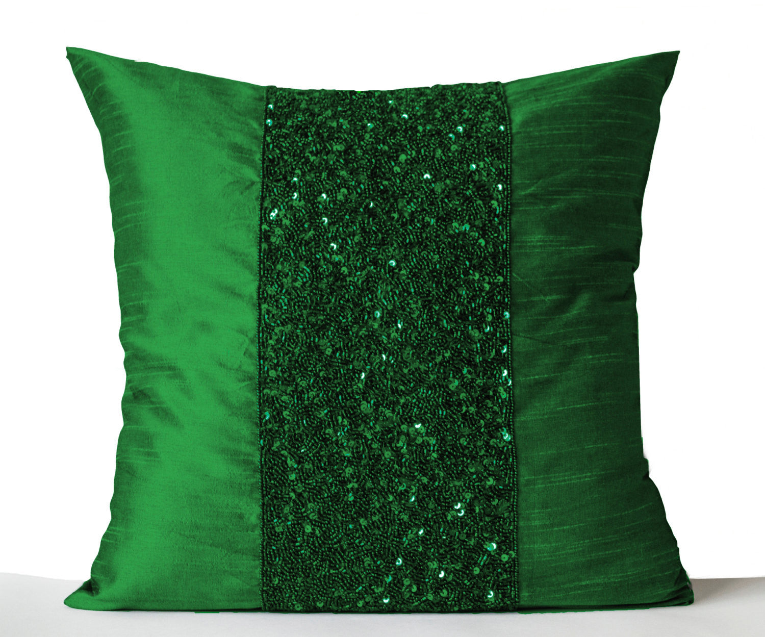 Handmade emerald green silk throw pillows with embroidery