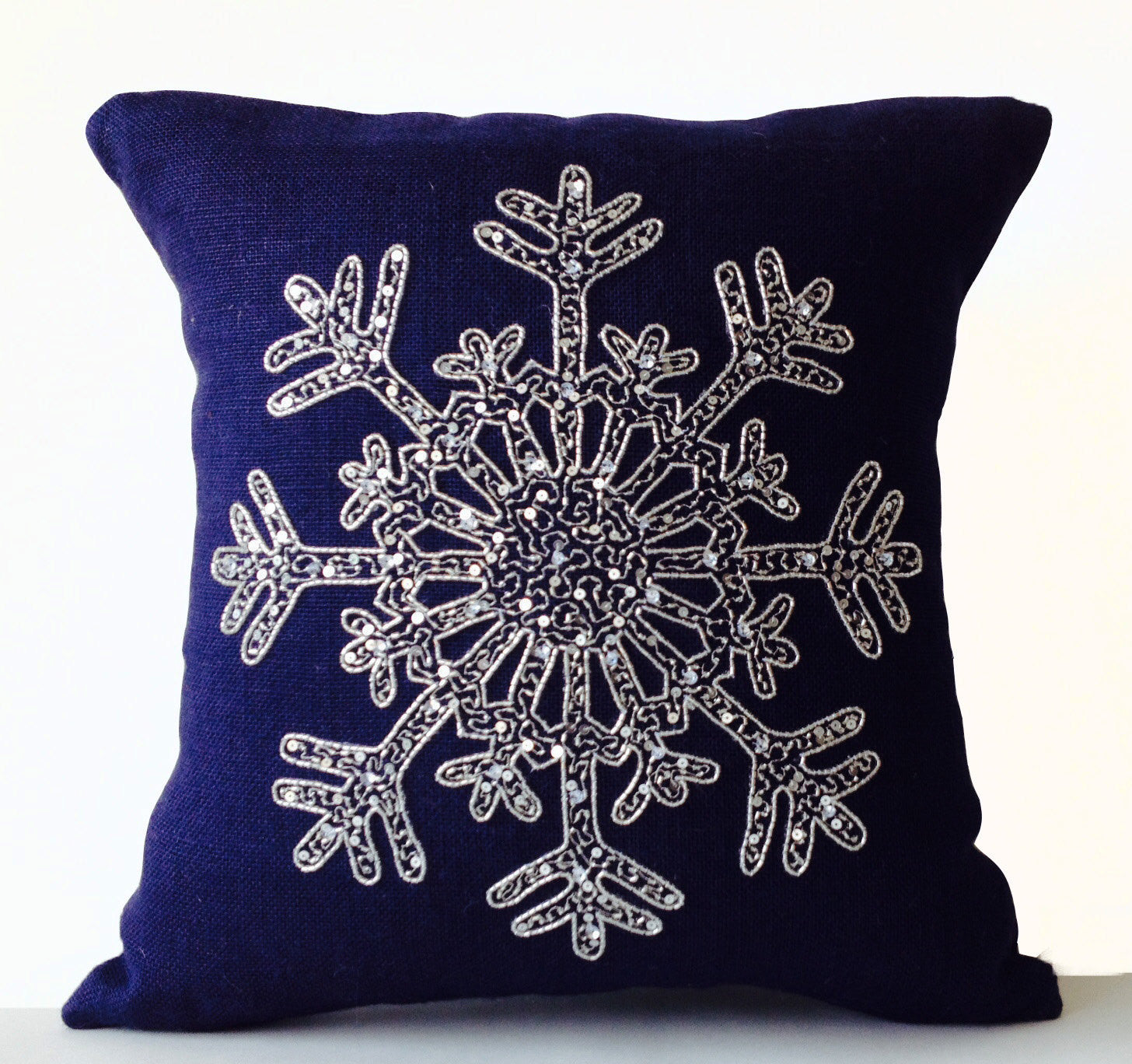 Navy Burlap with Silver Snowflake Decorative Pillow Cover