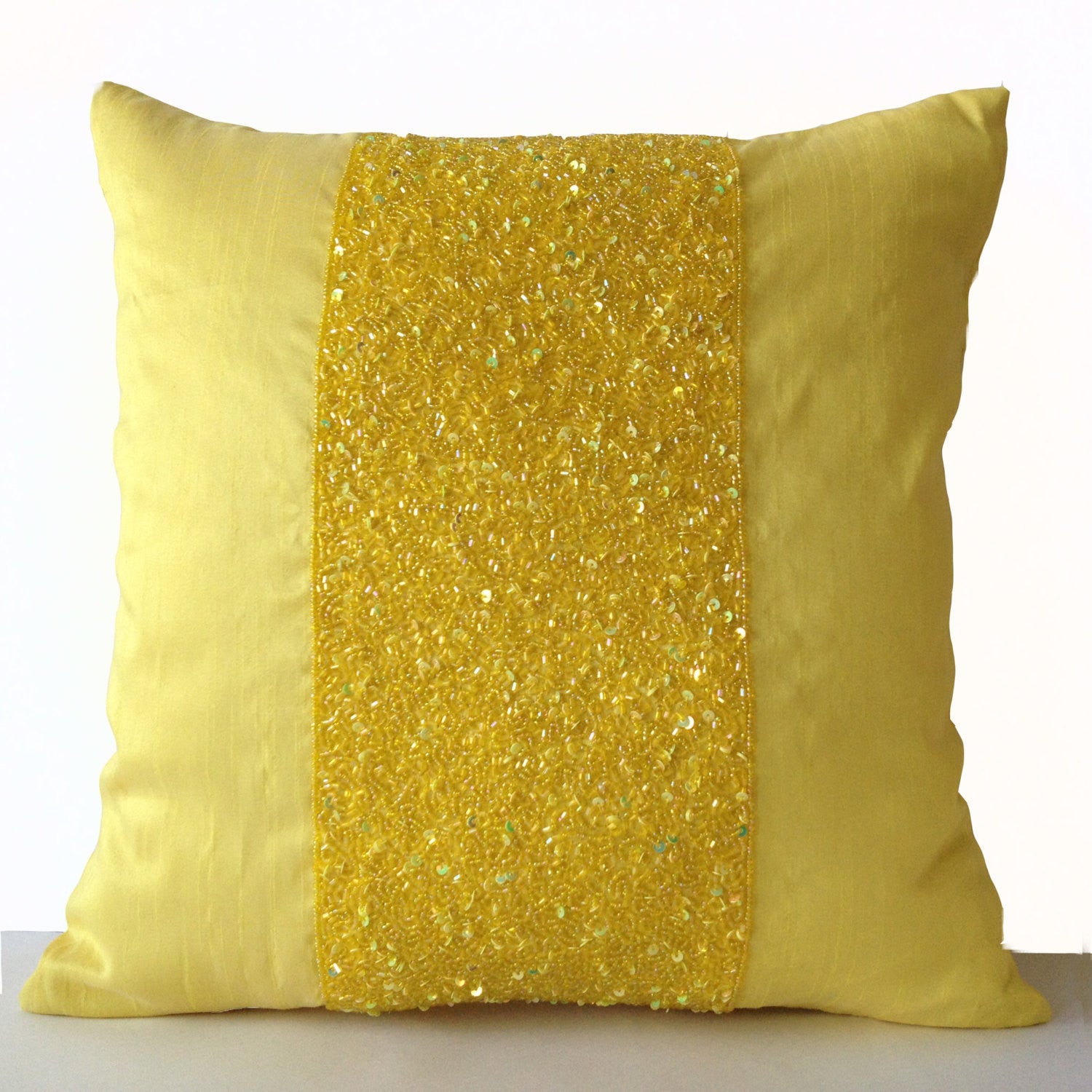 Yellow beaded Pillows Silk Pillows Yellow Metallic Sparkle Pillow Embroidered Pillow covers 18x18 Gift Beaded Cushions Couch Pillows