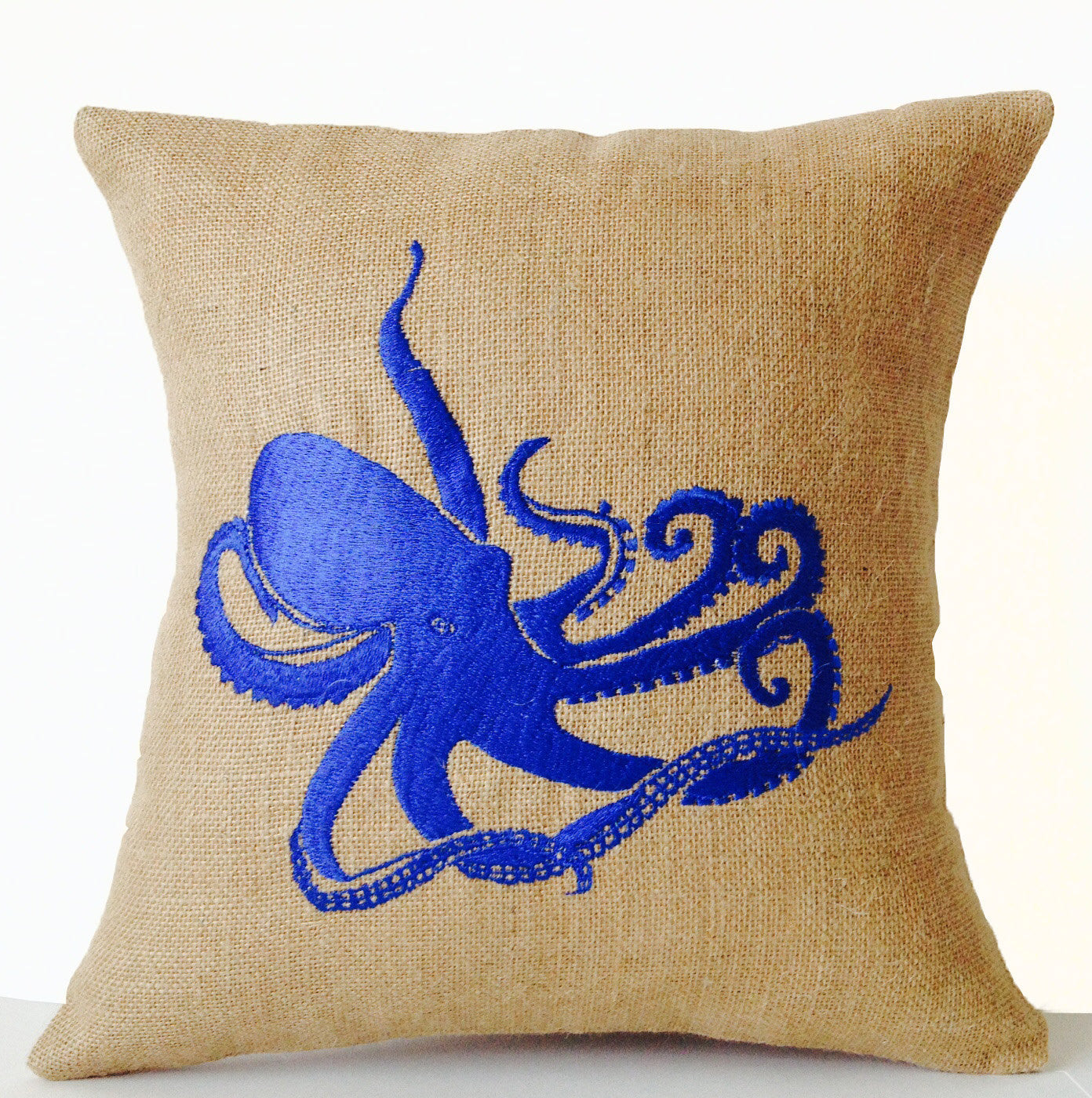 Shop for burlap royal blue throw pillow with embroidered octopus