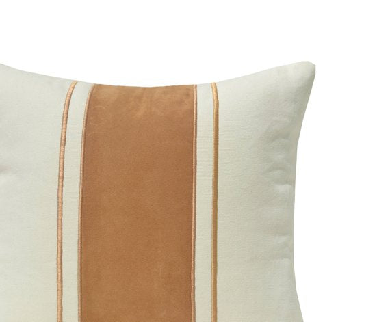 Amore Beaute pillow cover has geometric grain sack stripes embroidered in beige/tan thread.