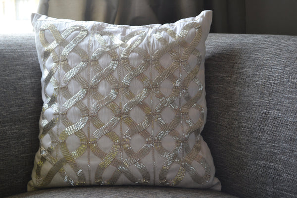 Geometric Grey beaded pillow