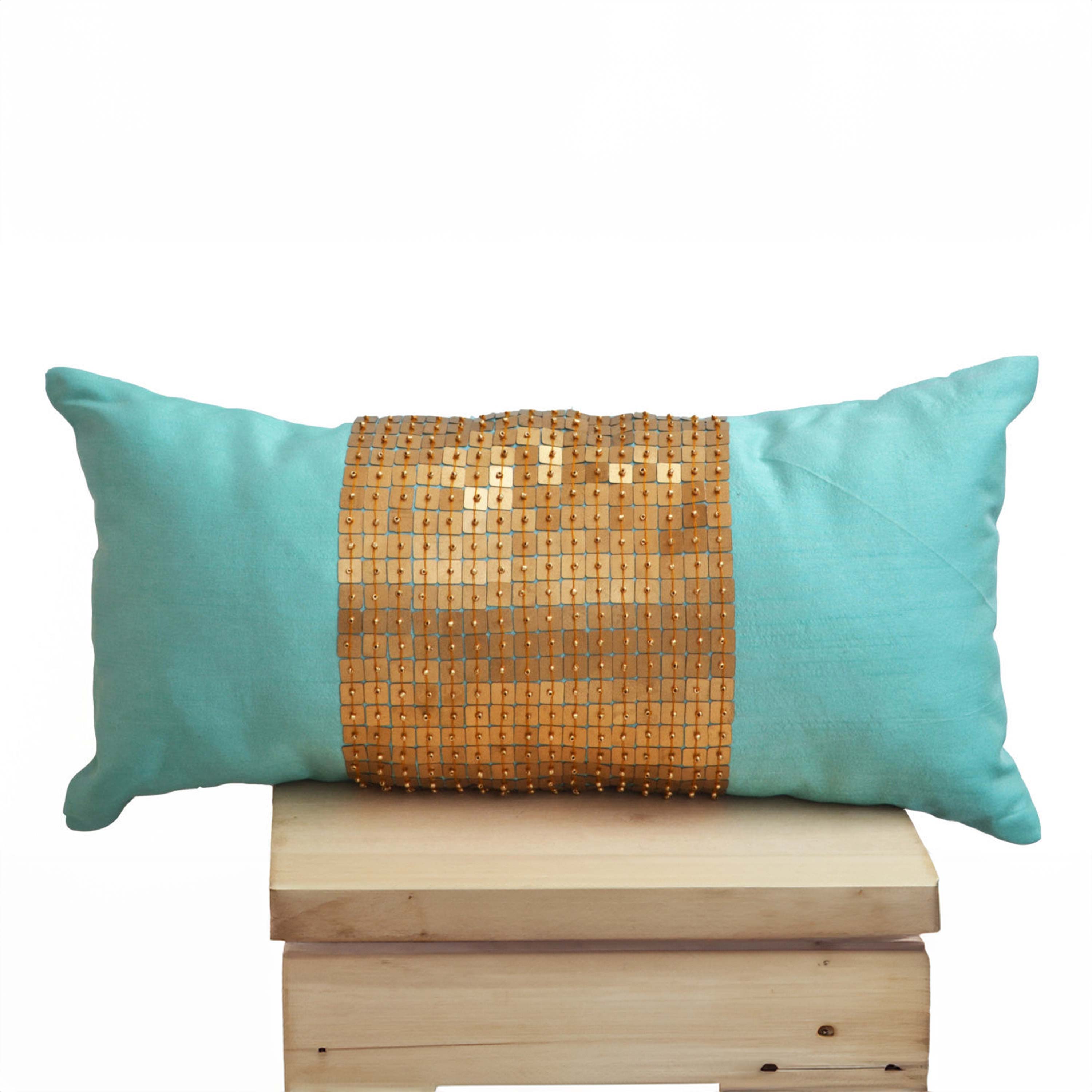 Teal Lumbar Pillows -Teal gold color block pillows in silk -Sequin pillow -18x9 -Couch pillow- Sofa pillows- Toss pillow -Decorative pillow