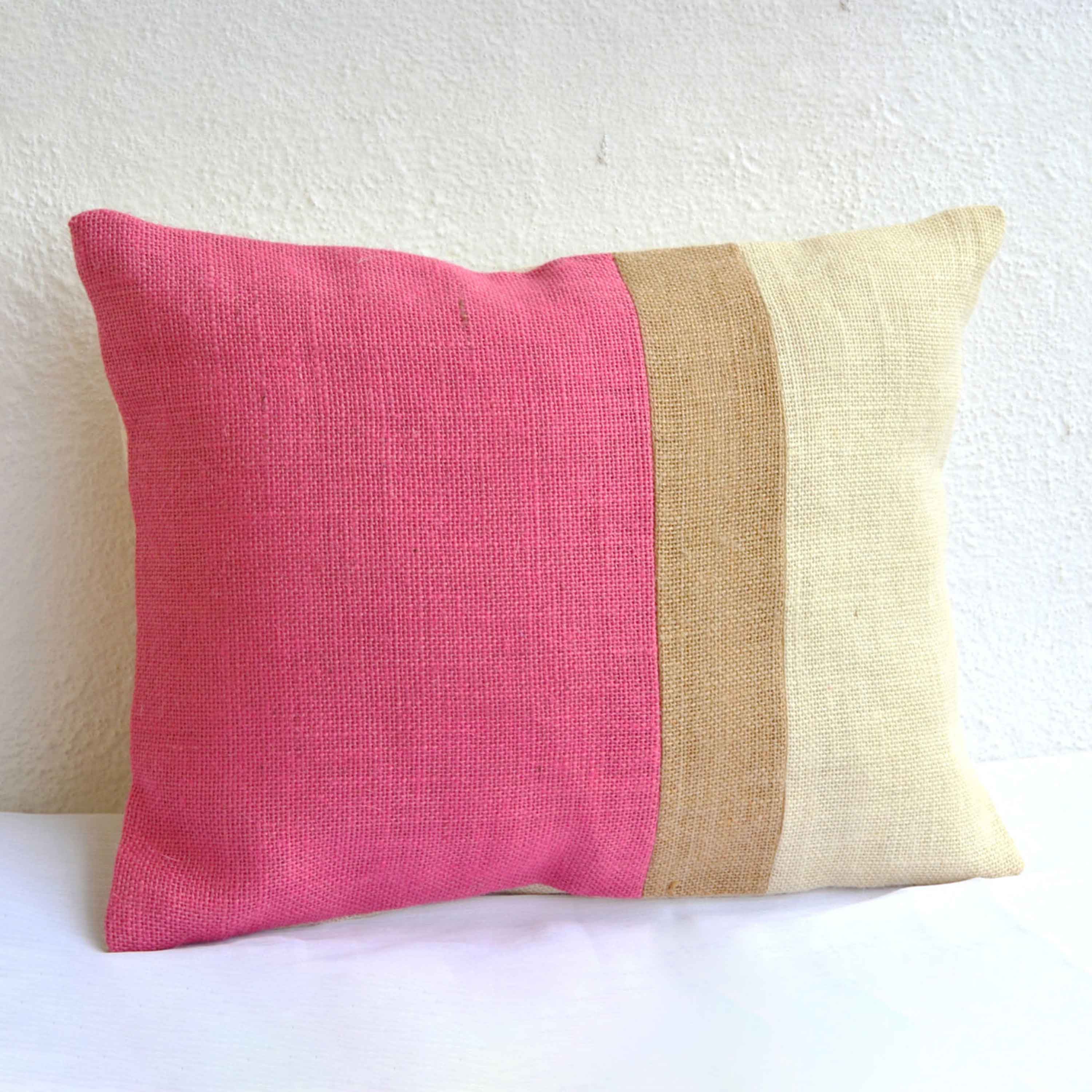 Pink Pillow - Burlap Pillow color block - Pink Decorative cushion cover- Spring Throw pillow gift 12X16 - Pink Lumbar Pillow