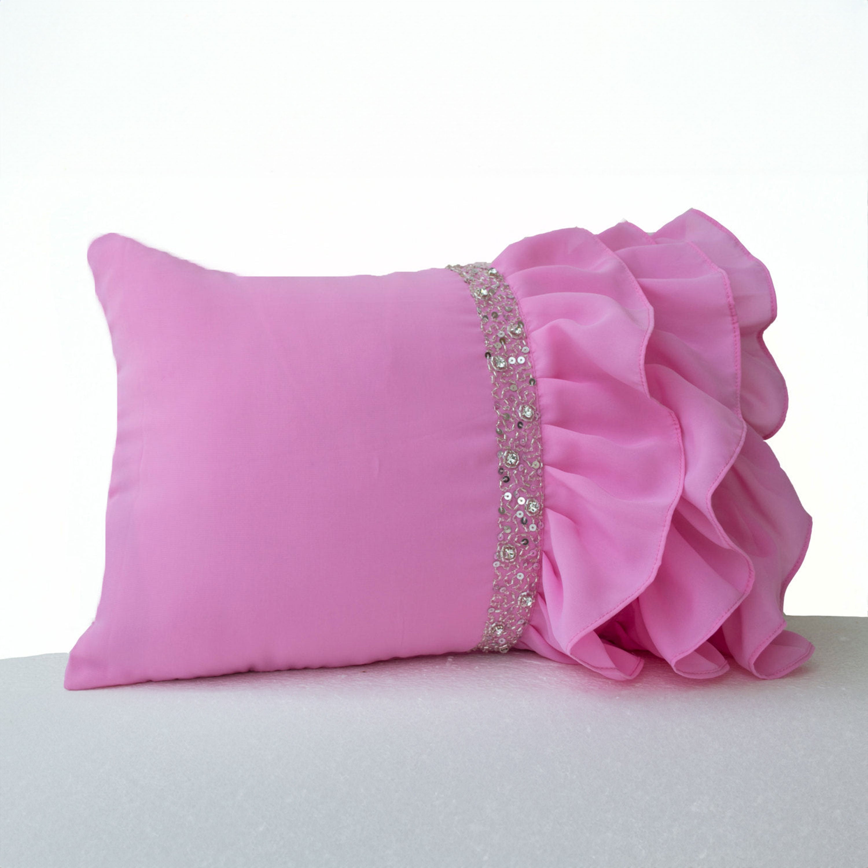 Pink ruffled pillow, Georgette Ruffle pillow covers, Pink Lumbar Pillow