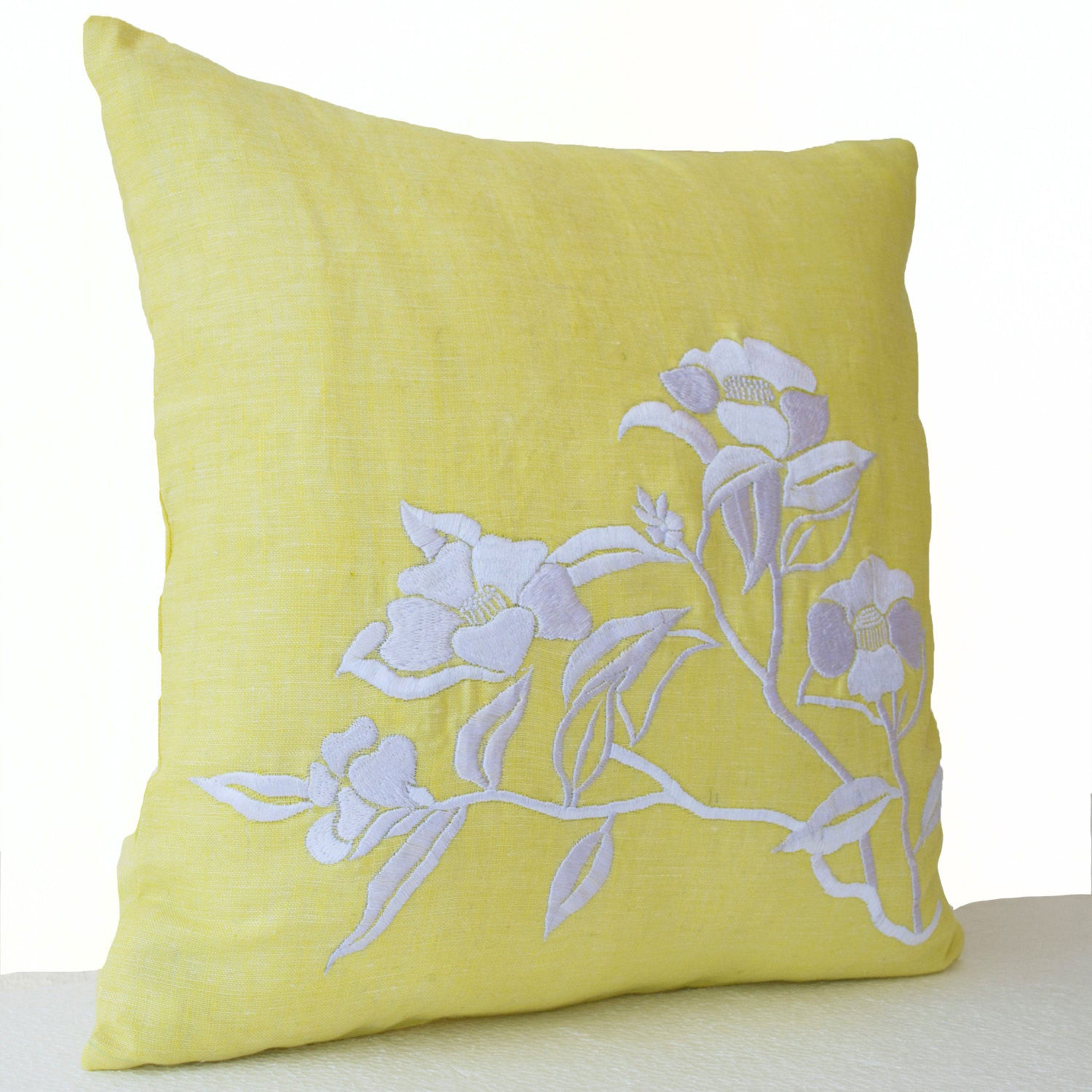 Flower Pillow- Yellow Pillow Cover -Camellia Flowers Embroidered Pillow- Linen Pillow Covers- Modern Throw pillows- 16x16- Tea Flower Pillow