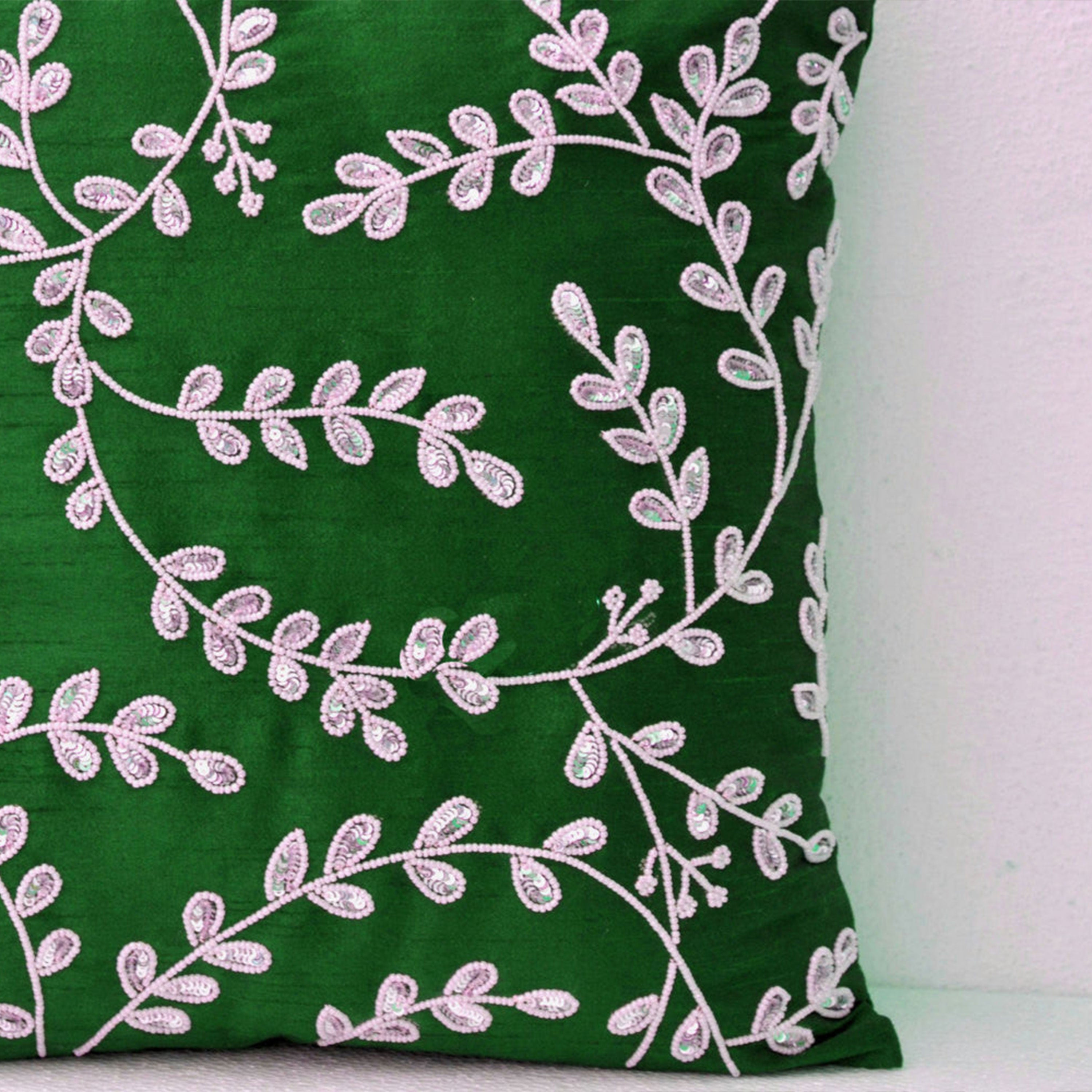 Emerald green throw pillows with bead sequin detail - Leaves pillow - Silk pillow - Cushion cover zipper - Gift 16X16