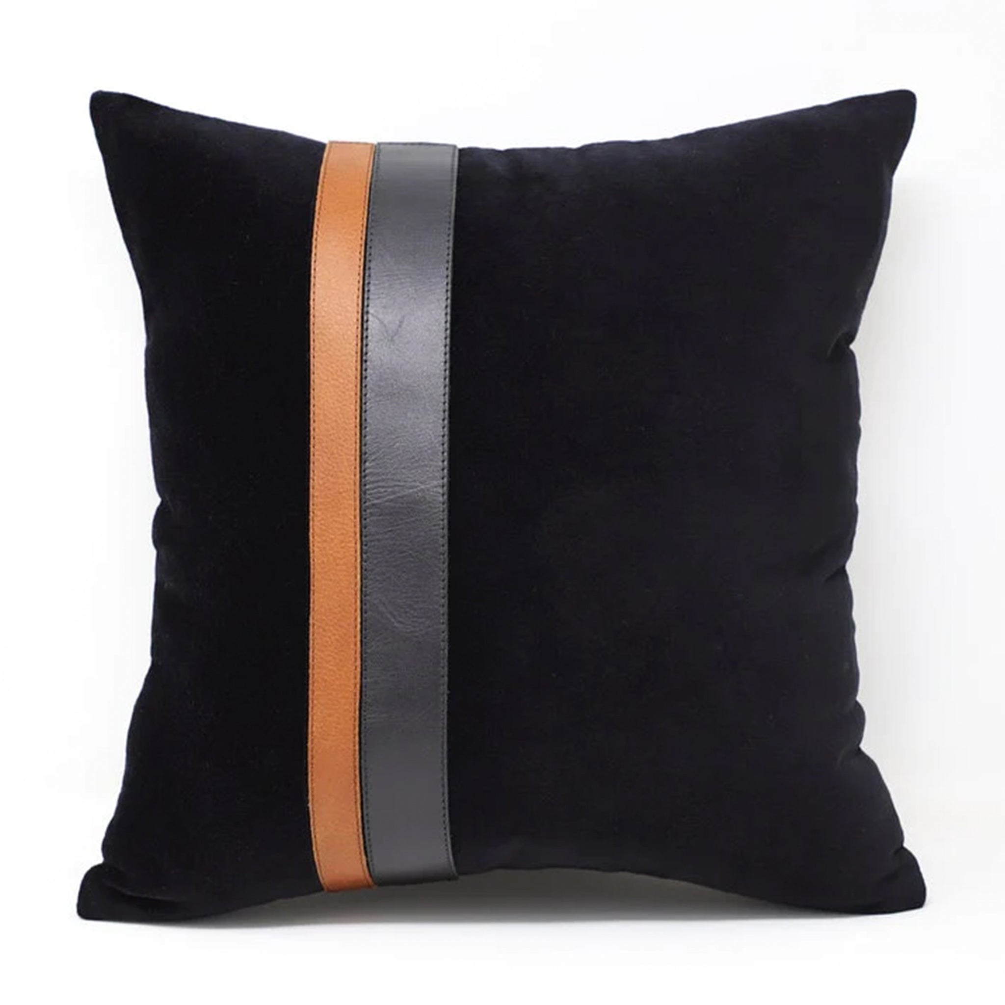 Leather Color Block Pillow Cover, Black Velvet With Tan and Black Leather Color Block