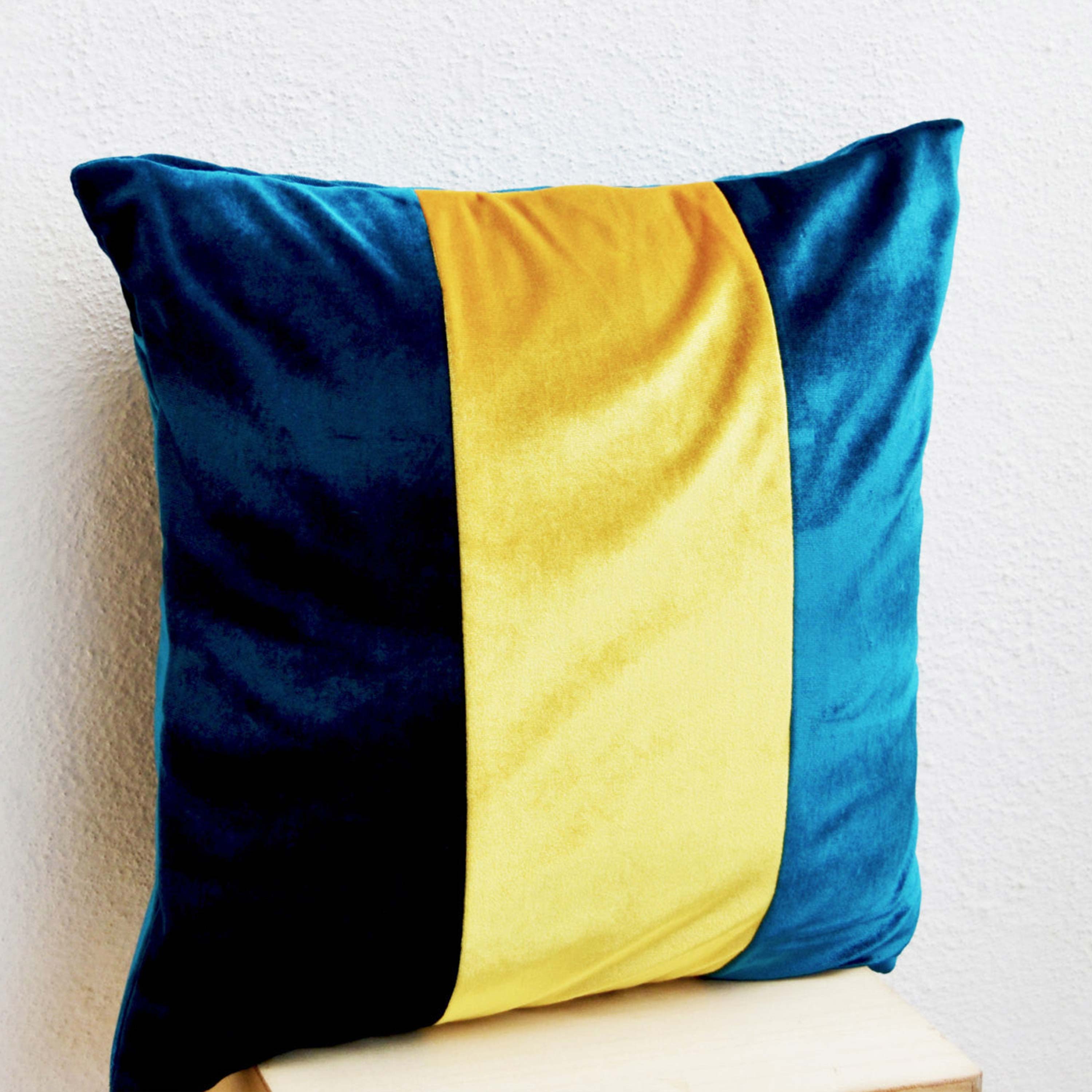 Royal Blue Pillow-Throw Pillows color block - Velvet Pillows - Decorative cushion cover-Velvet pillow gift pillow 16X16- Blue yellow pillow