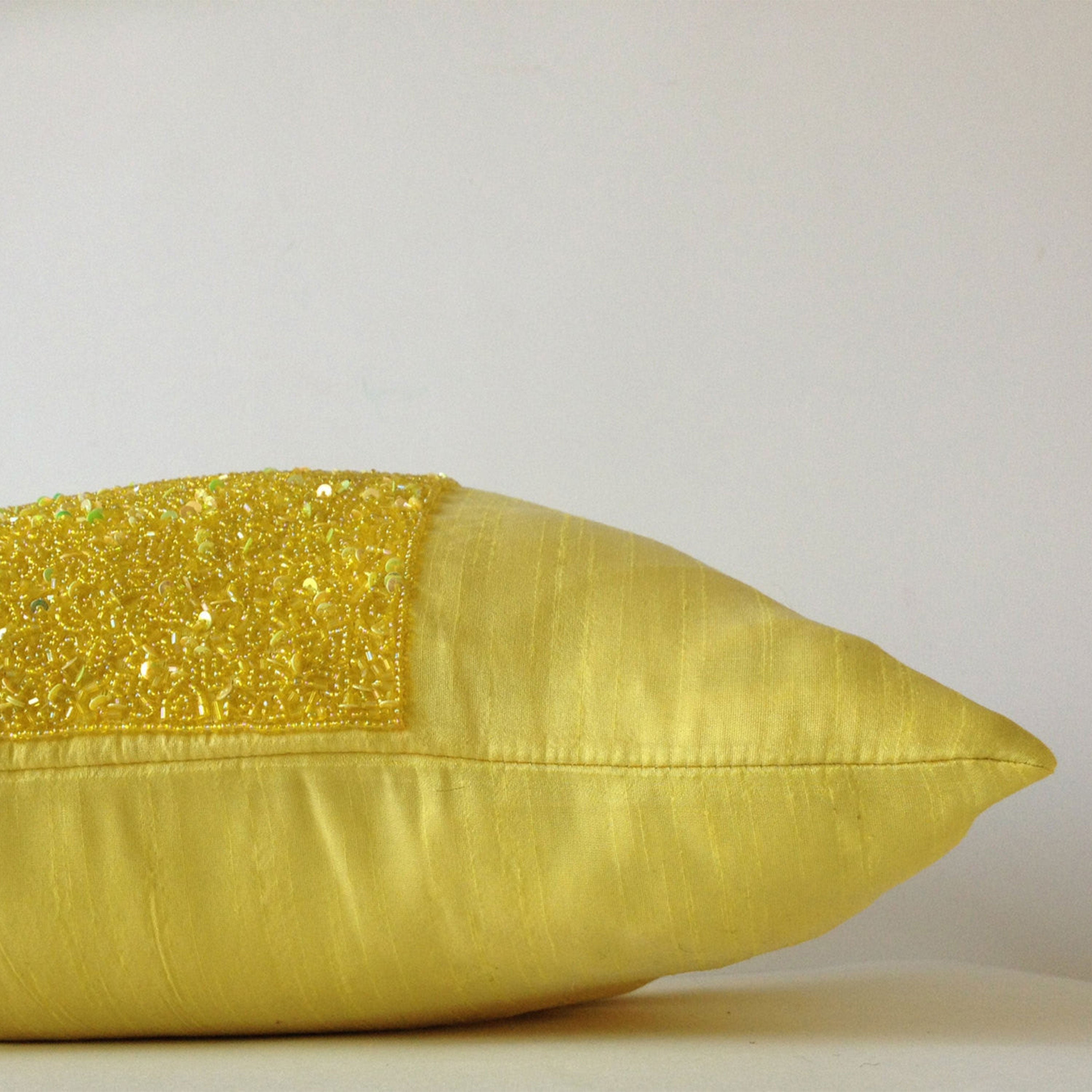 Yellow beaded Pillows -Silk Pillows -Yellow Metallic Sparkle Pillow - Embroidered Pillow covers -18x18 -Gift -Beaded Cushions -Couch Pillows