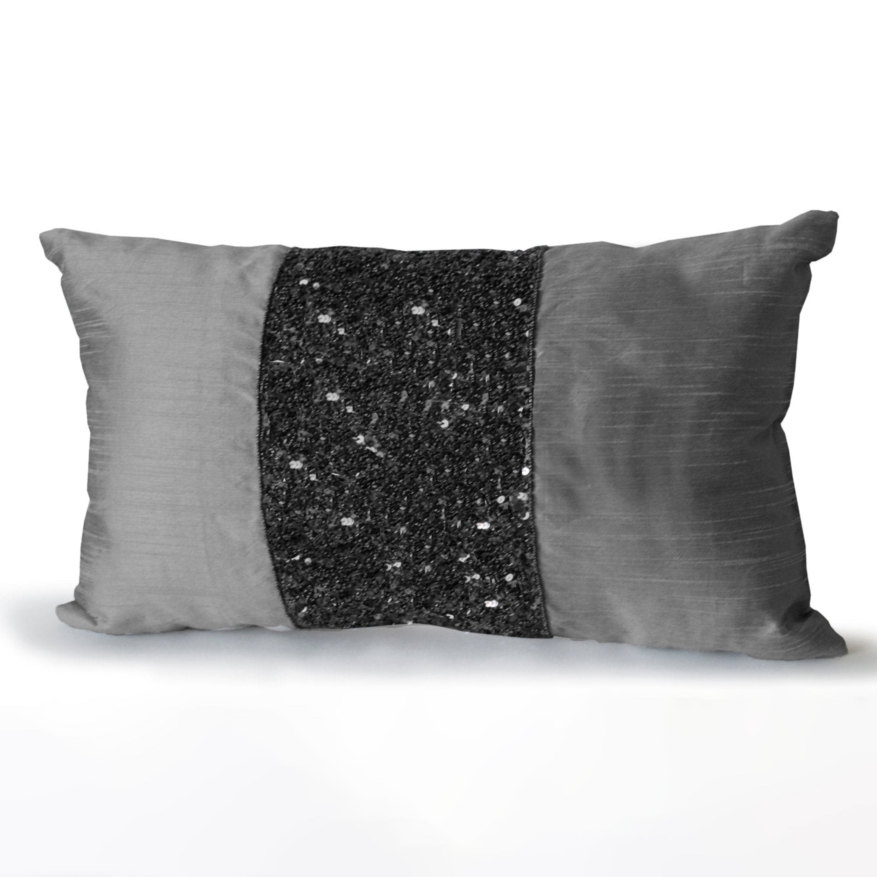 Grey Silk Metallic Beaded Pillow