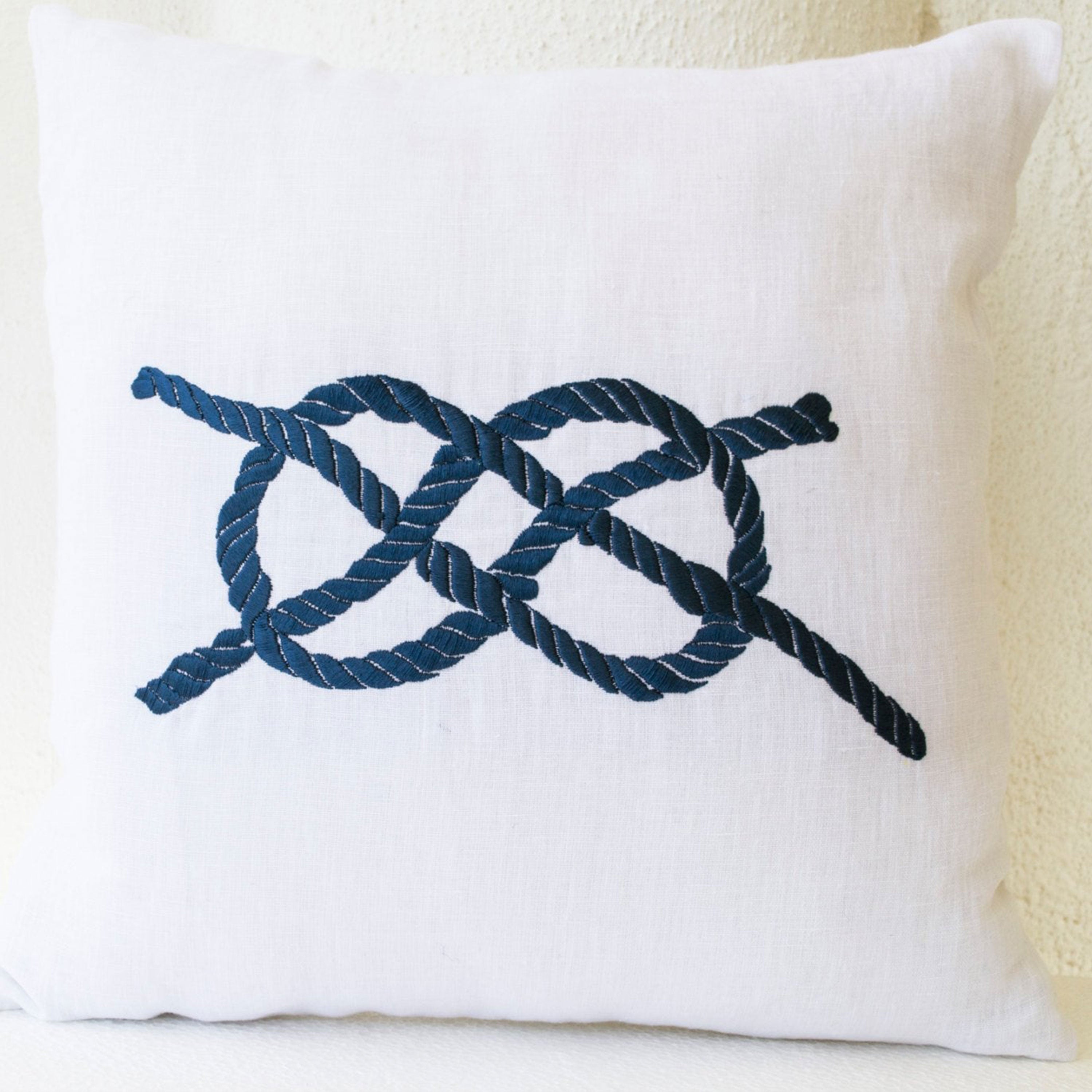 Linen Pillow Cover in Embroidered Nautical Themed Knot