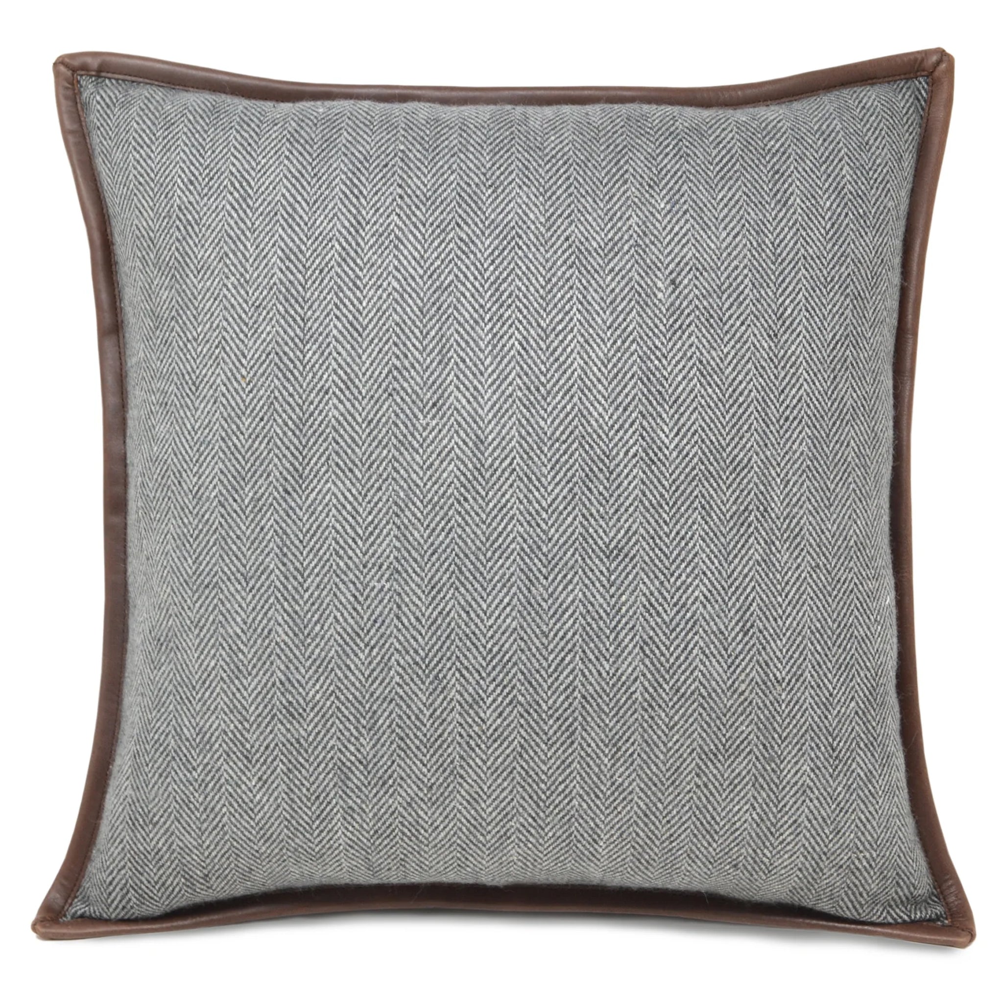 Woven Herringbone With Genuine Leather Trim Pillow Cover