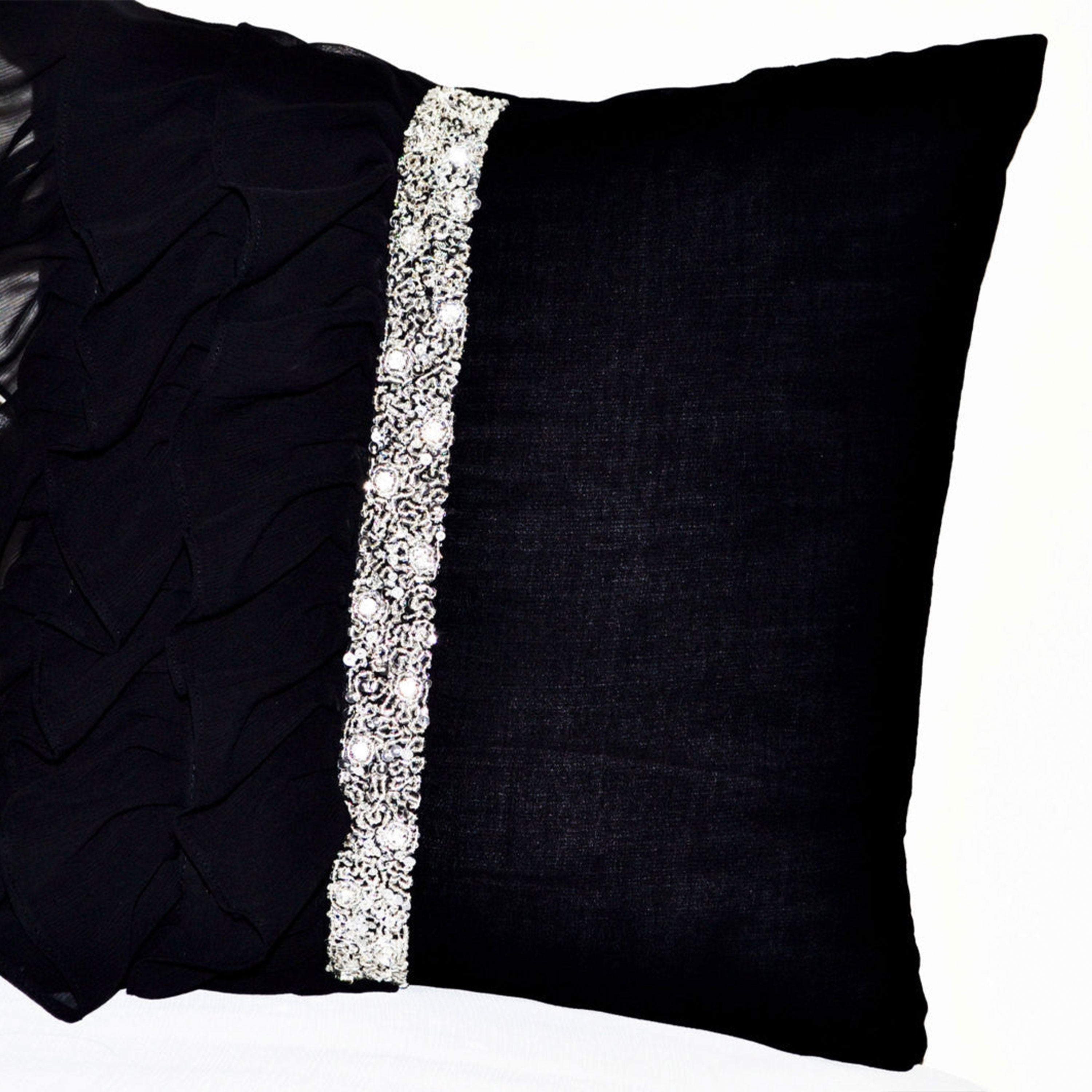 Black Ruffles Sequin Crystal Throw Pillow Cover