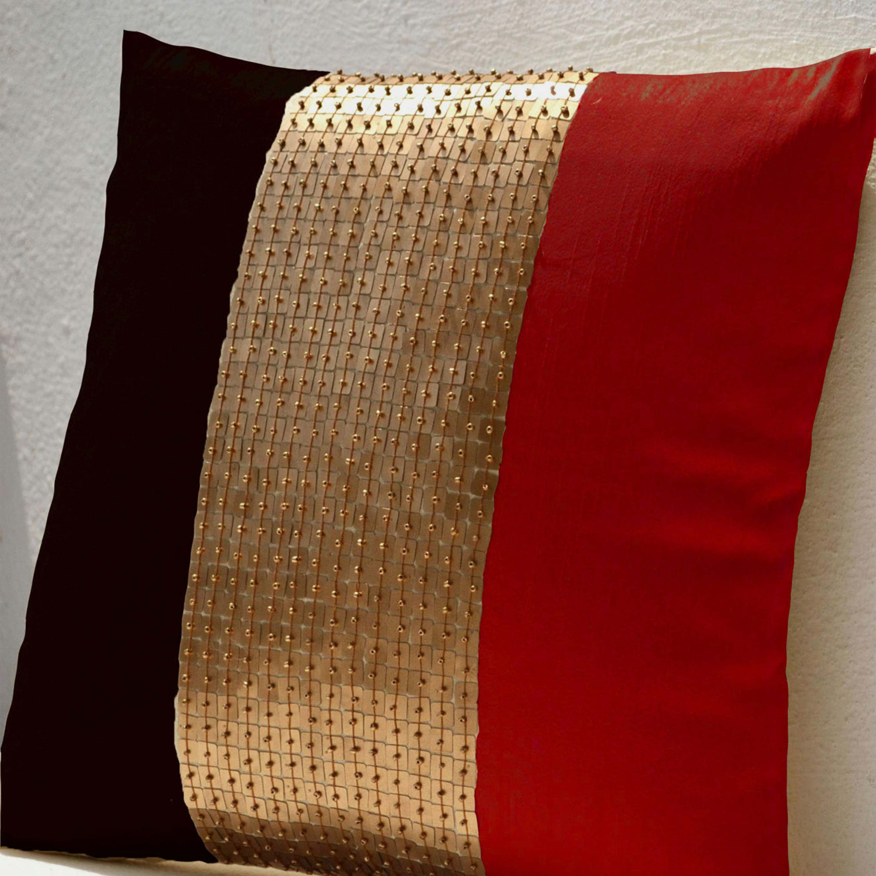 Throw Pillows -Red black gold color block silk beads detail cushion -metallic pillow -16X16 -Throw pillow cover -gift pillow -beaded pillow