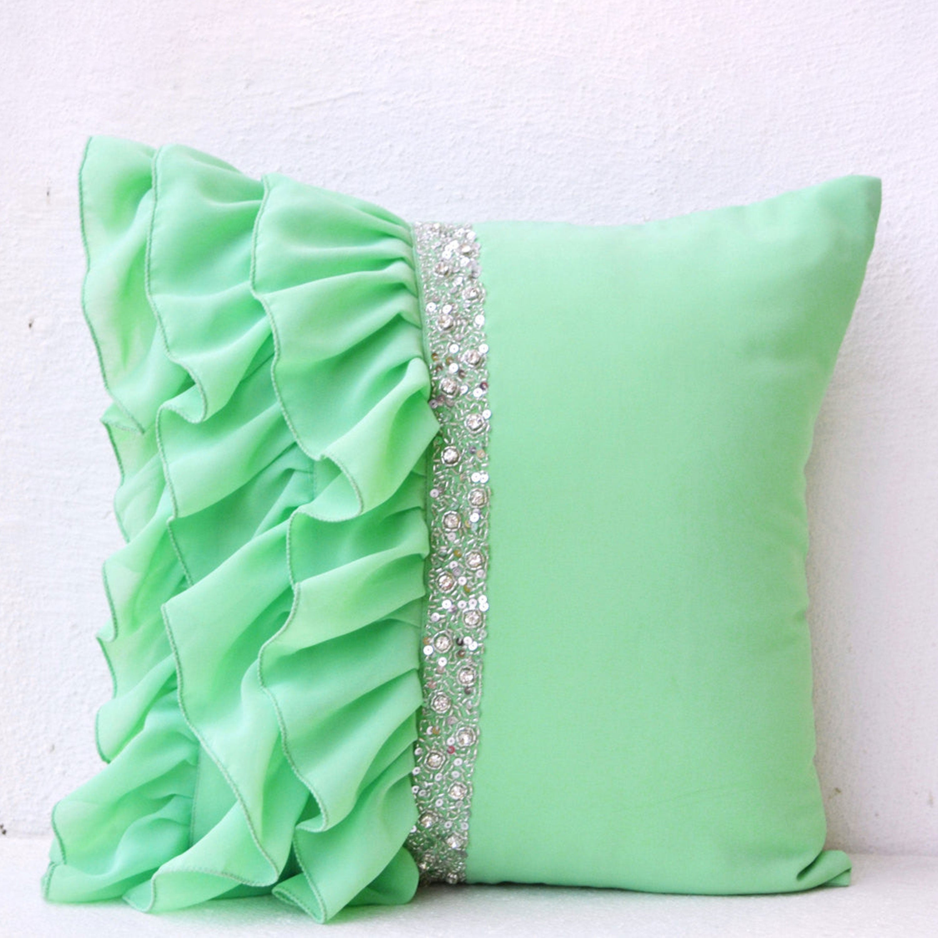 Mint green ruffled beaded throw pillows- 16X16- Decorative Throw Pillow Cases- Mint cushion cover - Gift -Rhinestone Bead Embroidered Pillow