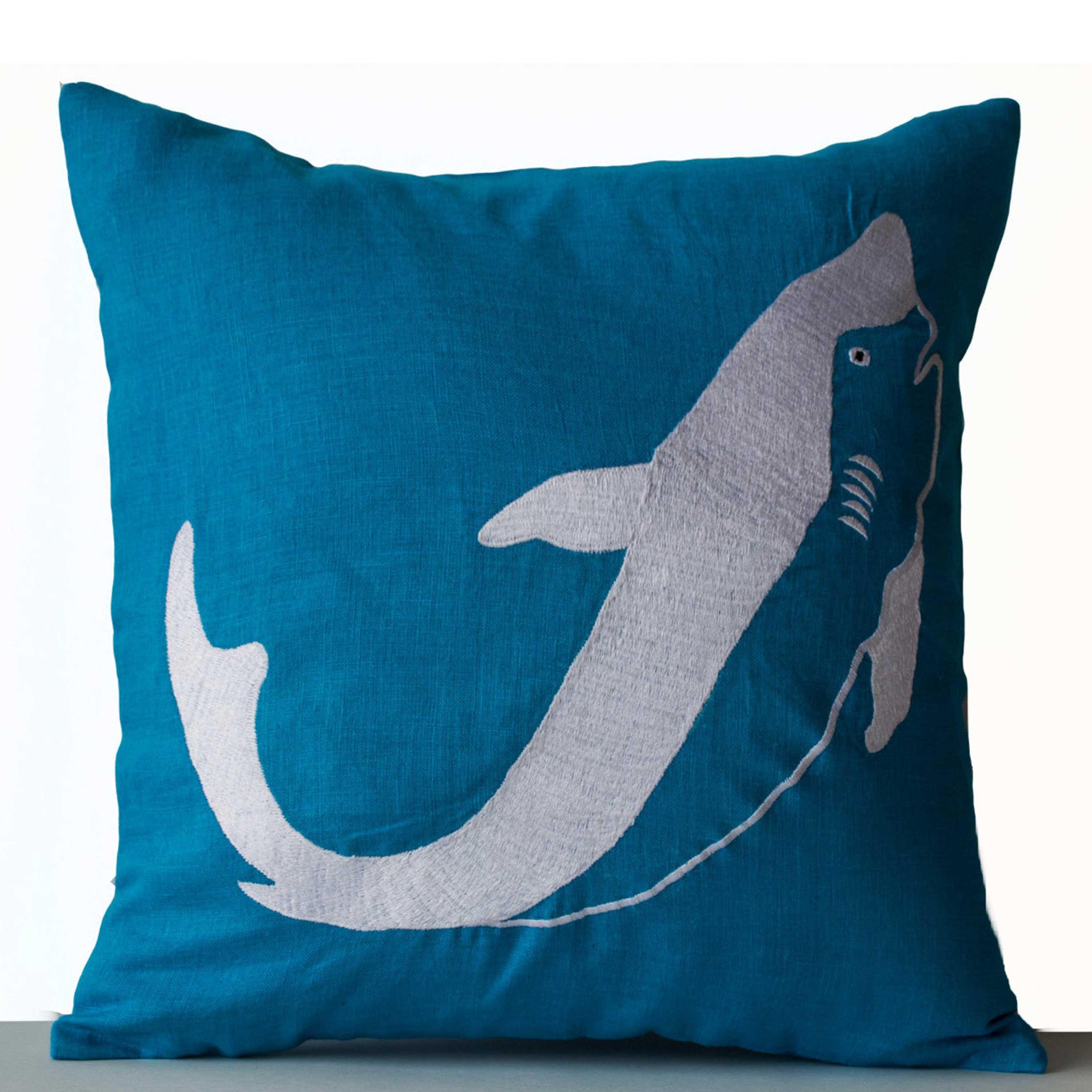 Shark Pillows- Turquoise Linen Pillows- Sea Life Pillow- Blue Pillows- Oceanic pillows- 16x16- Gift Pillows- Chair Pillow- Shark Cushions