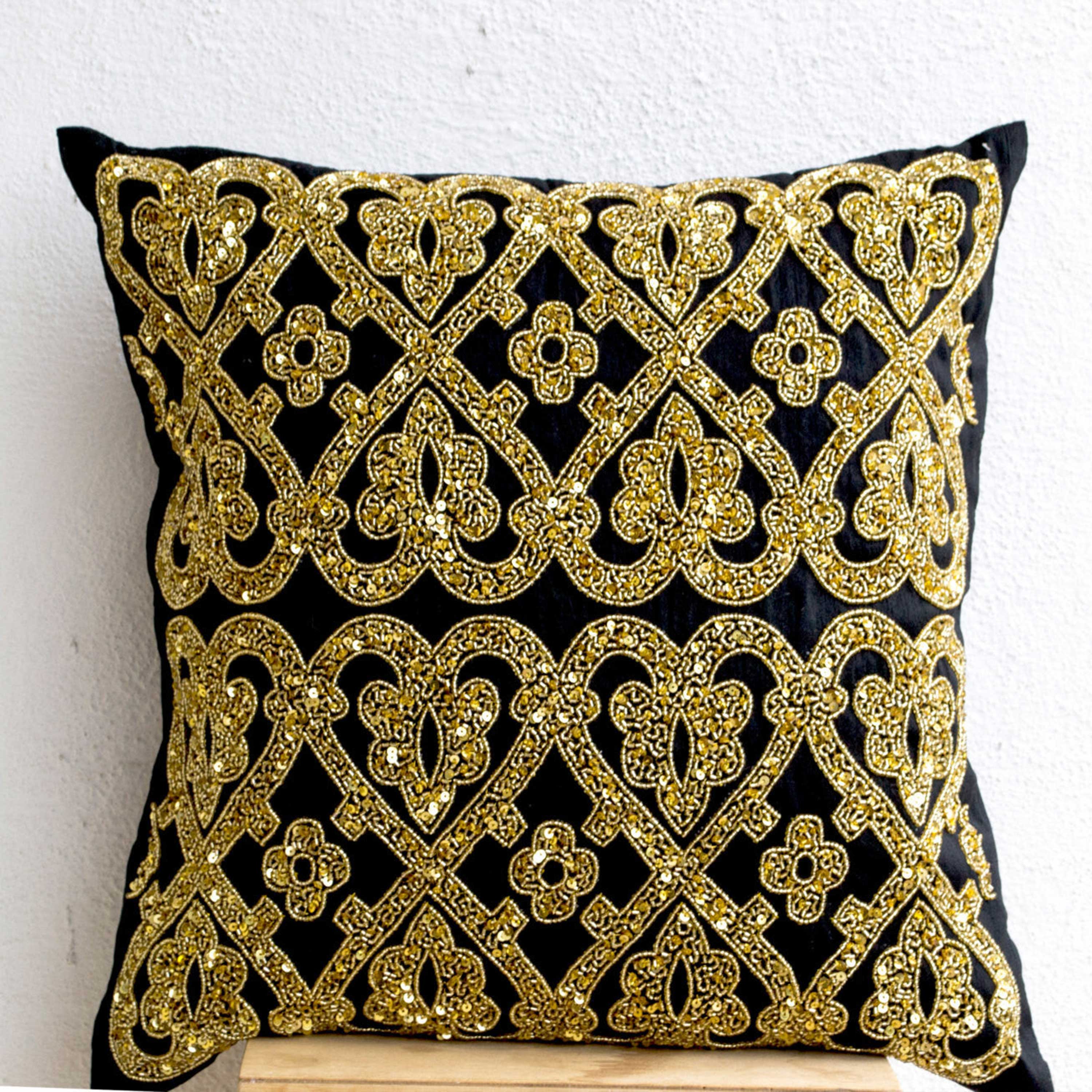 Shiny Gold Pillow Cover With Regal Geometric Metallic Glitter Pattern For Holiday Decor