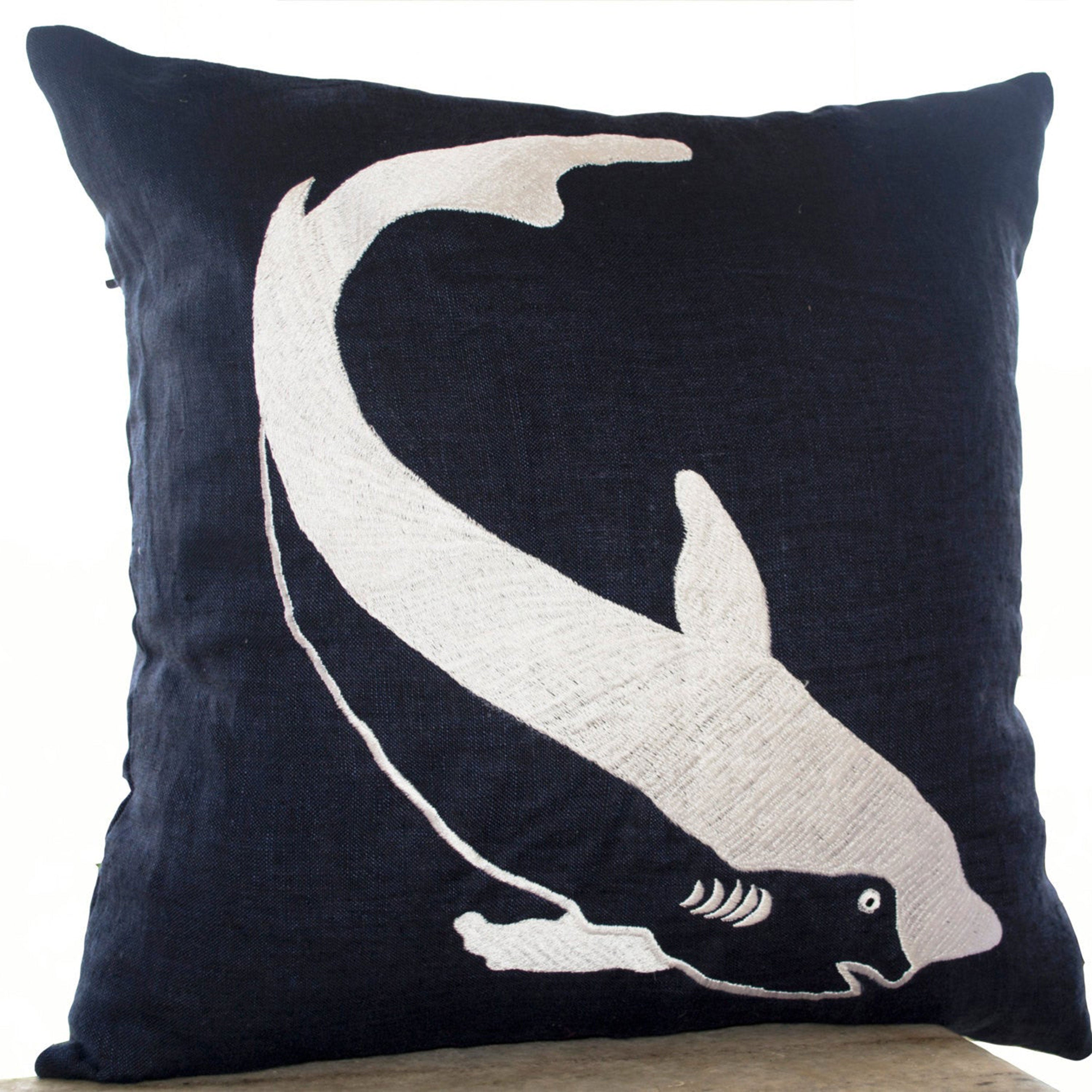 Linen Pillows- Navy Pillow Covers- Shark Throw Pillow- Sea Life Pillow- Navy Blue Pillow- Oceanic pillows- 18x18 Gift Pillow- Chair Pillow